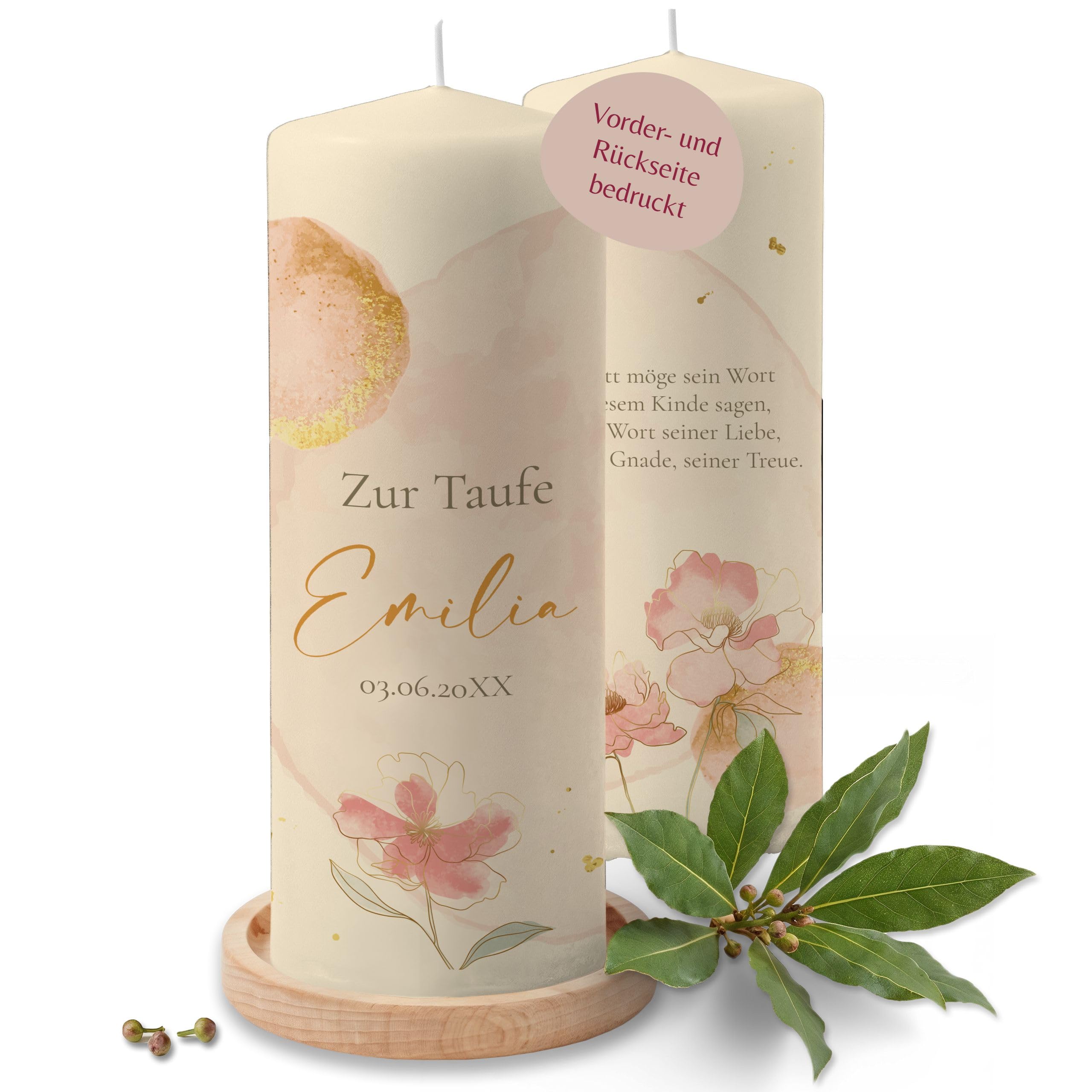 Taufkerze - Zur Taufe mit Name, Datum und Spruch - personalisierte Taufgeschenke für Mädchen - 230/78 mm - Elfenbein
