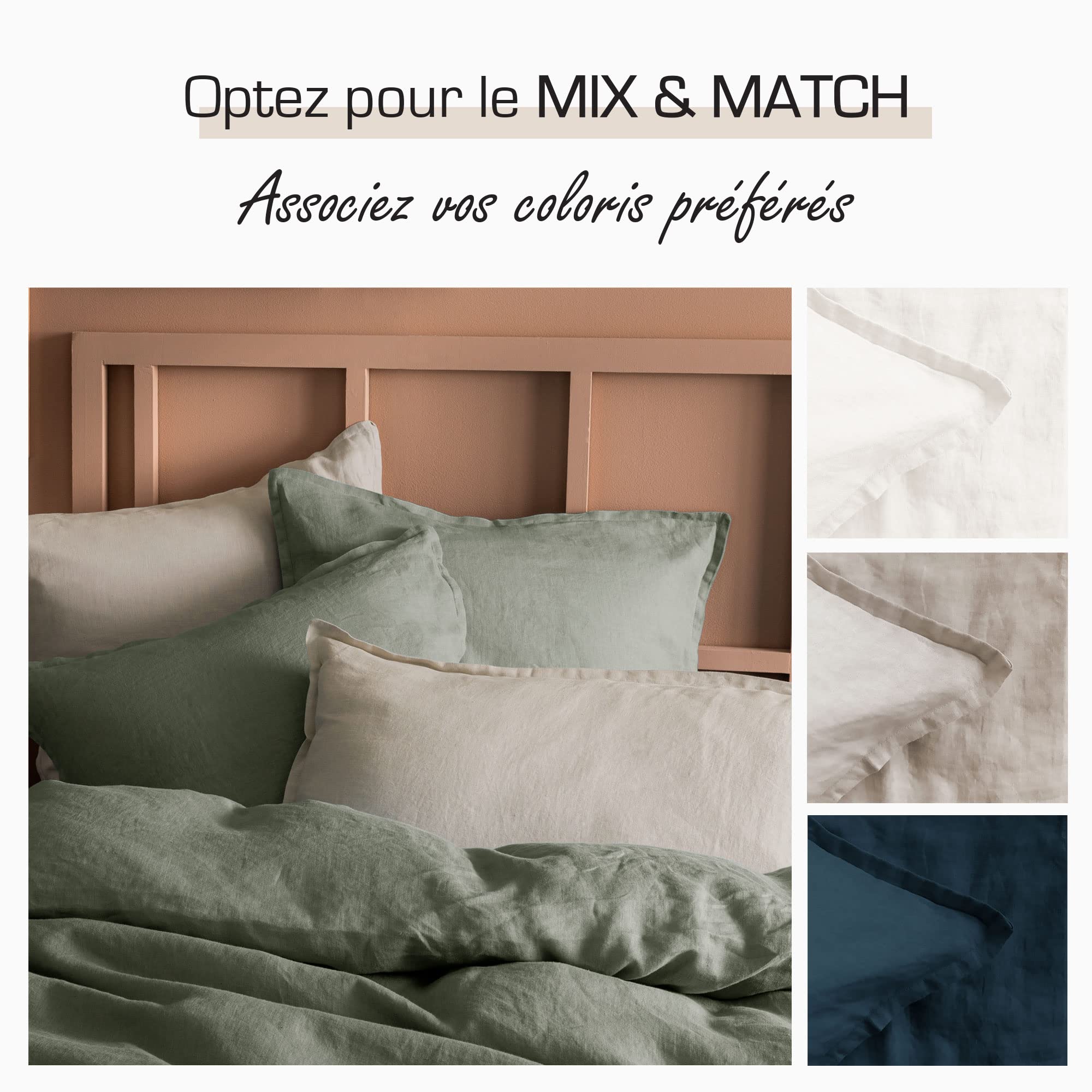 MATT & ROSE Housse de Couette Lin LAVÉ Unie 100% Lin lavé | Lichen | 260x240 cm | Chambre adulte, lit 2 places | Doux et respirant | Fermeture boutons | Oeko-Tex