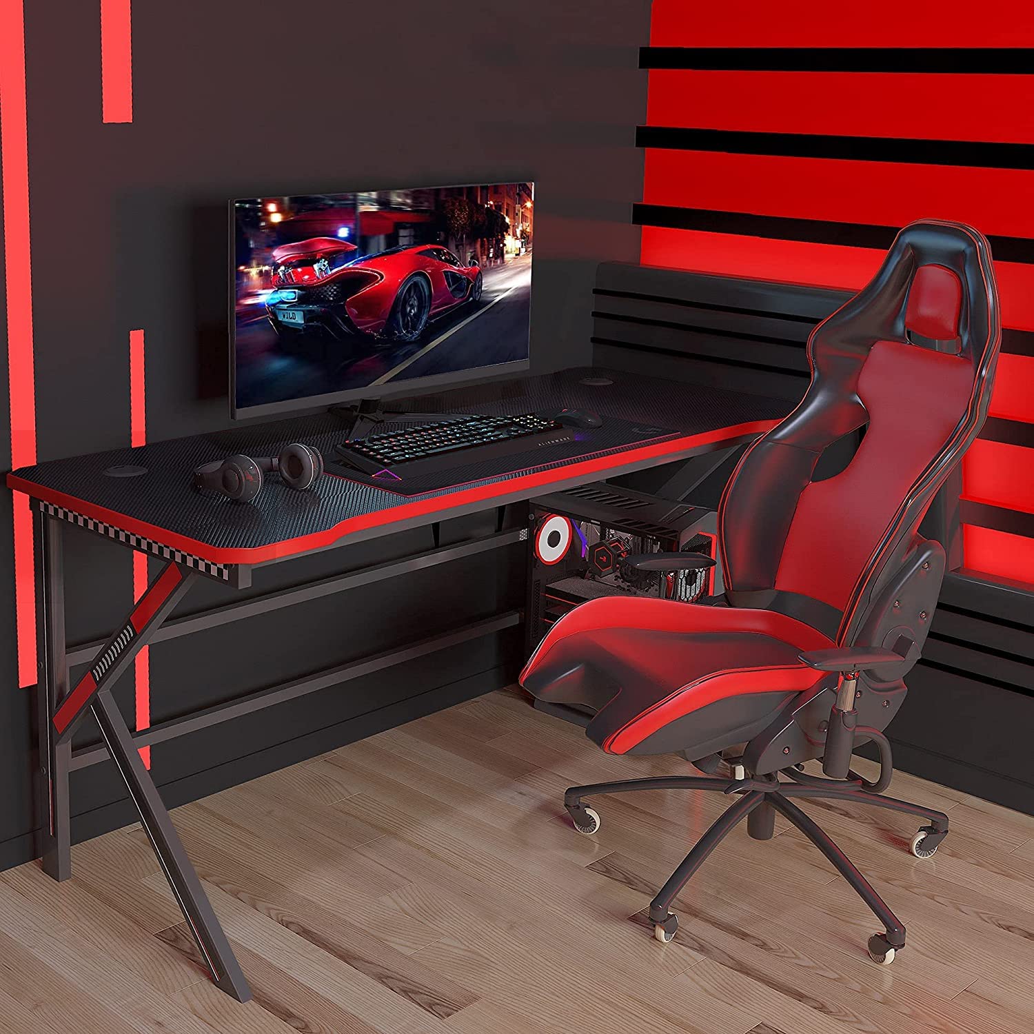 Gaming Desk with LED Lights, Arespark 47" Home Office Tables Ergonomic