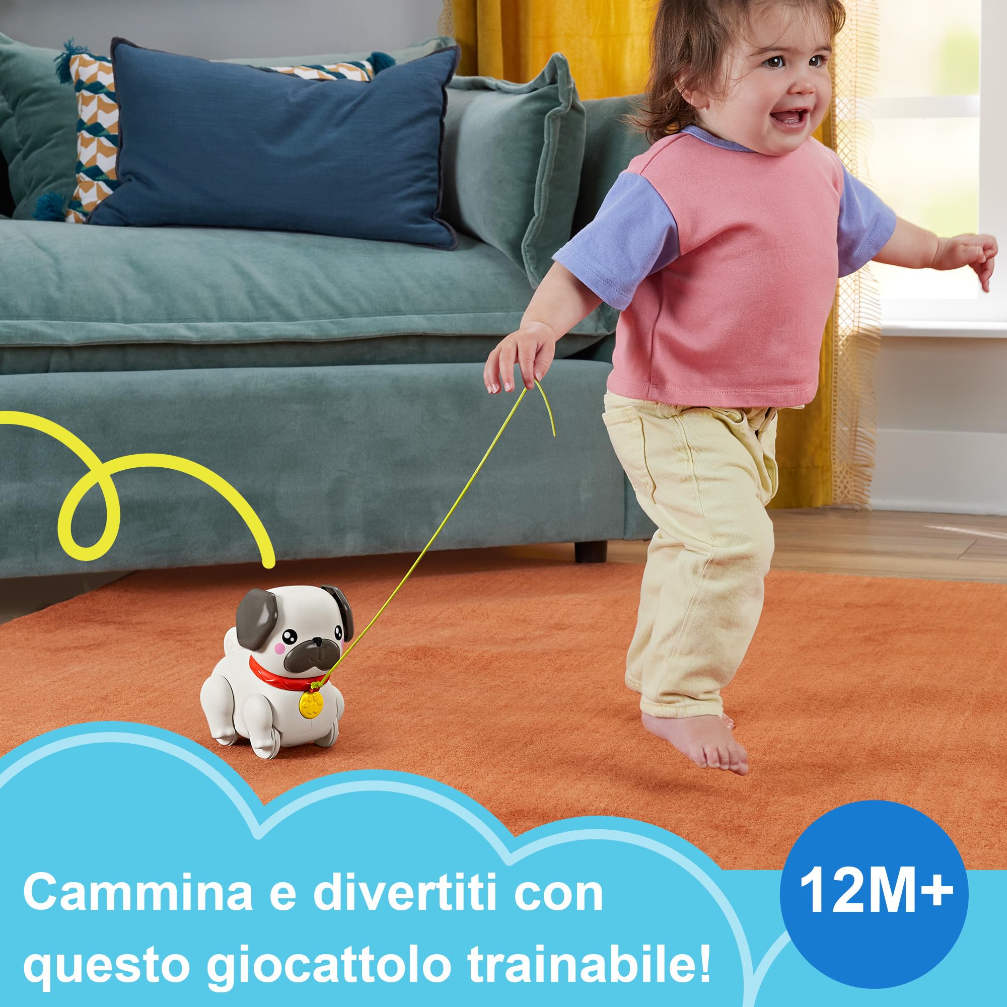 Fisher-Price Pets - Carlino Cammina con Me, Cucciolo trainabile con guinzaglio e Suoni, incoraggia a Camminare e abbaia con Il Movimento, giocatolo per Bambini, 12+ Mesi, HTW94