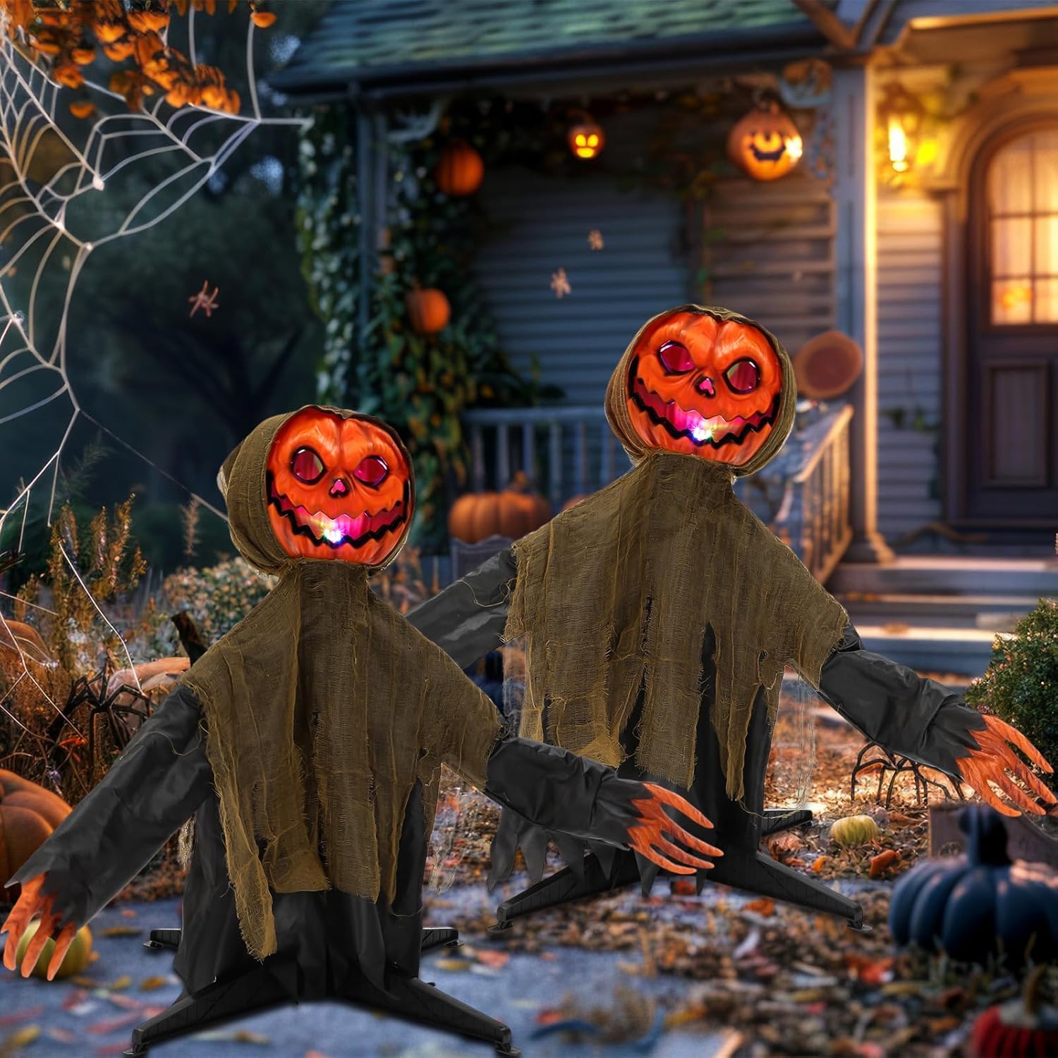 2 Pcs 3.5 ft Halloween Animatronics Pumpkin Decor with Swaying Head & Arms, Sound-Activated Light Up, for Halloween Thanksgiving Outdoors Lawn Party Zombie Decoration