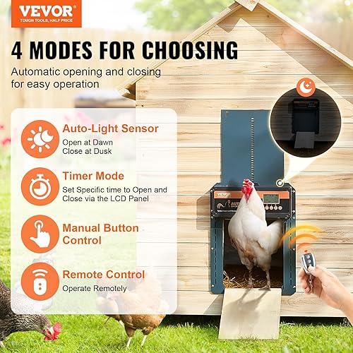 Miniatura 2 de VEVOR Puerta automática de gallinero, abridor automático de puerta de pollo con temporizador y sensor de luz, puerta de gallinero de aluminio con