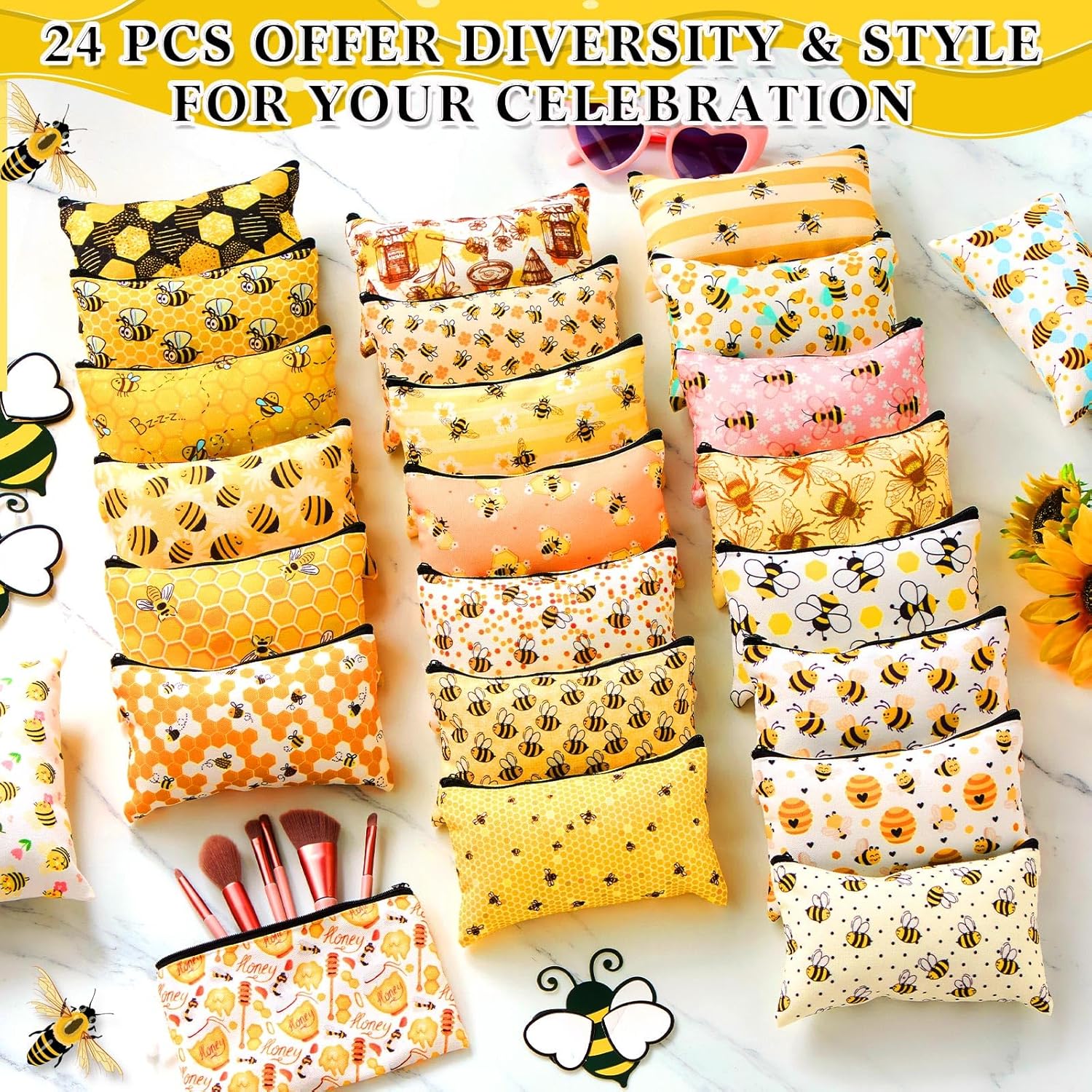 24 Pieces Funny Cosmetic Bags Bulk Make up Bags Zipper Canvas Purse Organizer Pouch Portable Travel Toiletry Pouch for Women Inspirational Gifts, 7 x 4 Inch(Bee)