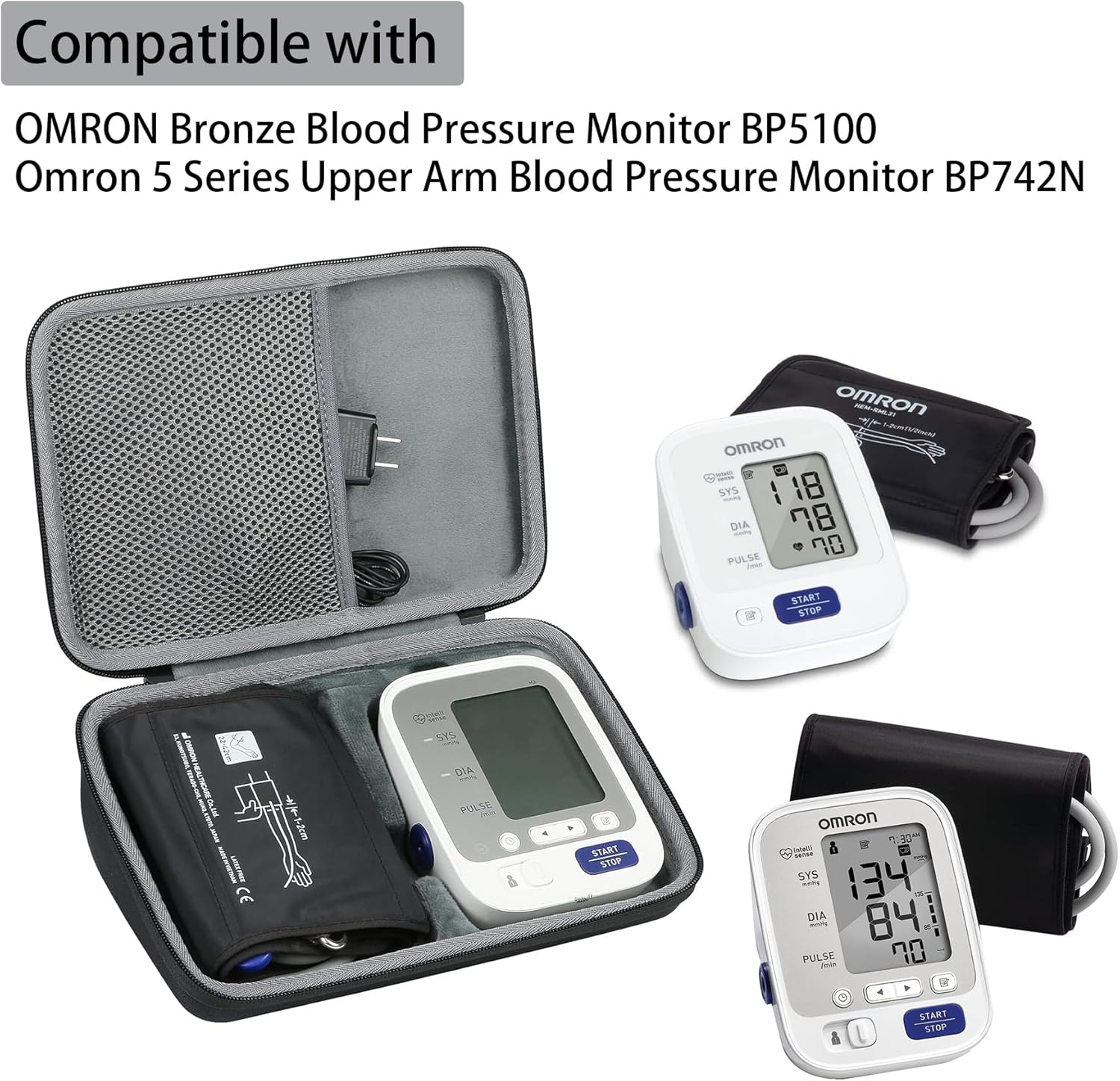 co2CREA hard case shown with compatible OMRON blood pressure monitors