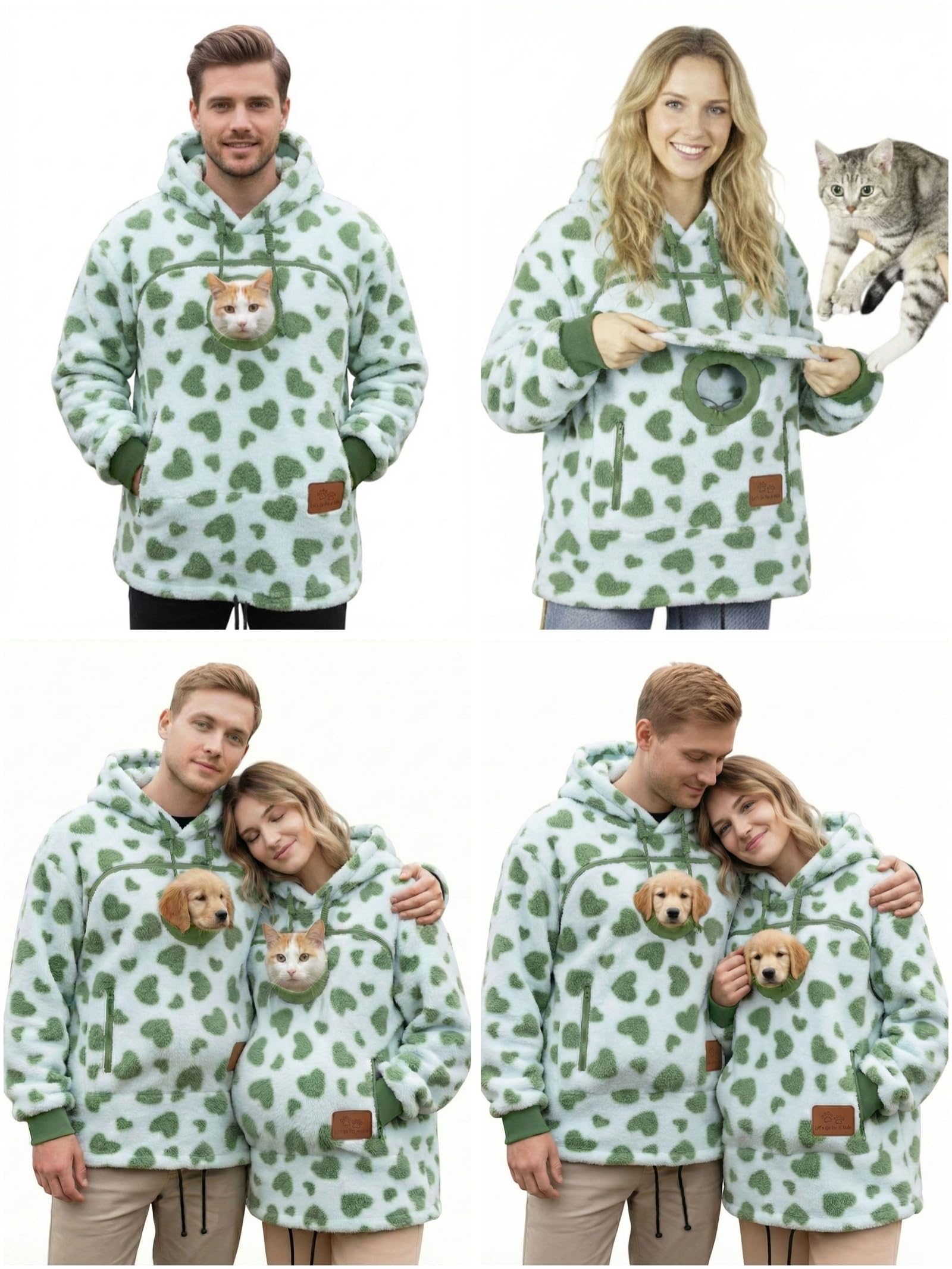Generico Felpa con Cappuccio for Trasportino for Cani da Compagnia da 2 Pezzi con Cerniera E Tasca A Marsupio for Gatti Che Trasporta Felpe con Cappuccio Larghe in Pile Caldo(Light Green,Medium)