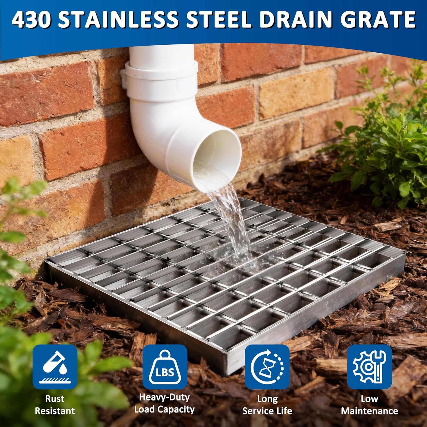Stainless Steel Drain Grate Heavy Duty 16" × 16" Square Outdoor Drain Cover for Garage, Sewer, Dowmspout, Driveway