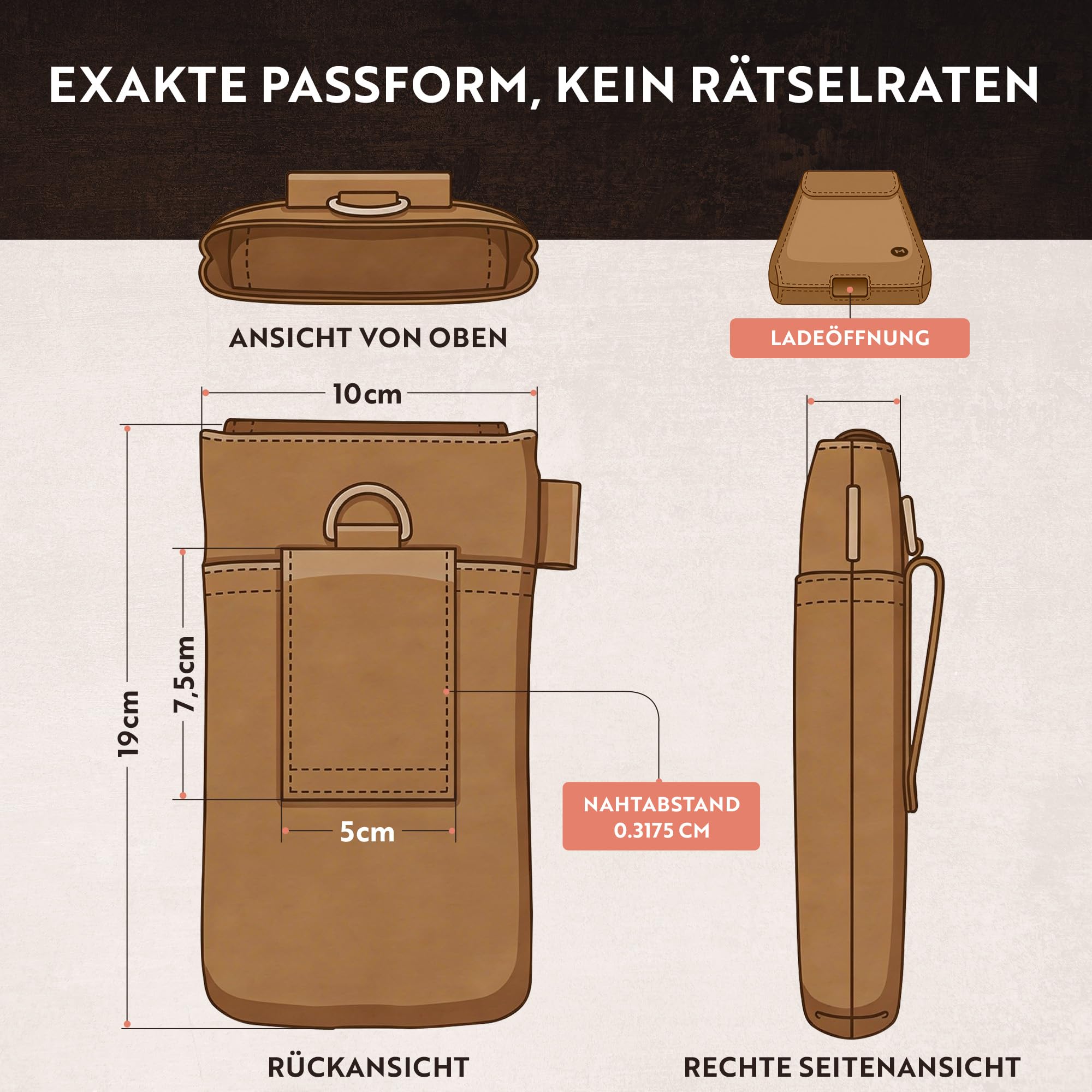 Moonster Handy Gürteltasche Herren Leder – aus Echtem Büffelleder – 19cm x 8cm Handy Leder Herren für Große Smartphones – Sichere & Langlebige Tabaktasch