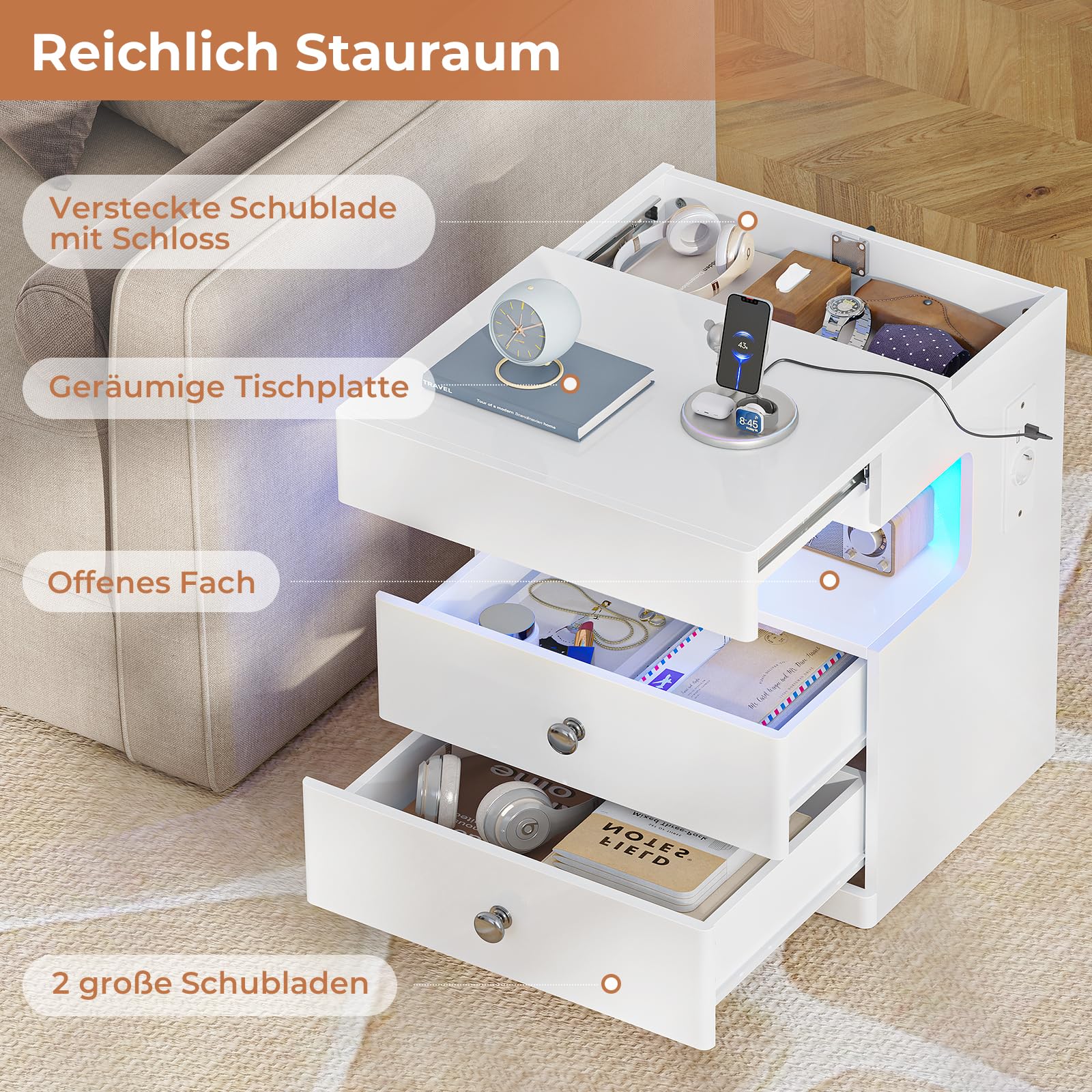 AOGLLATI Nachttisch mit Geheimfach,Nachtschrank mit Steckdose und LED-Beleuchtung Beistelltisch mit 2 Schubladen,1 Ausziehrega,1 Fach,Hochglanzoberfläch (1, Weiß, 40x35x59cm)