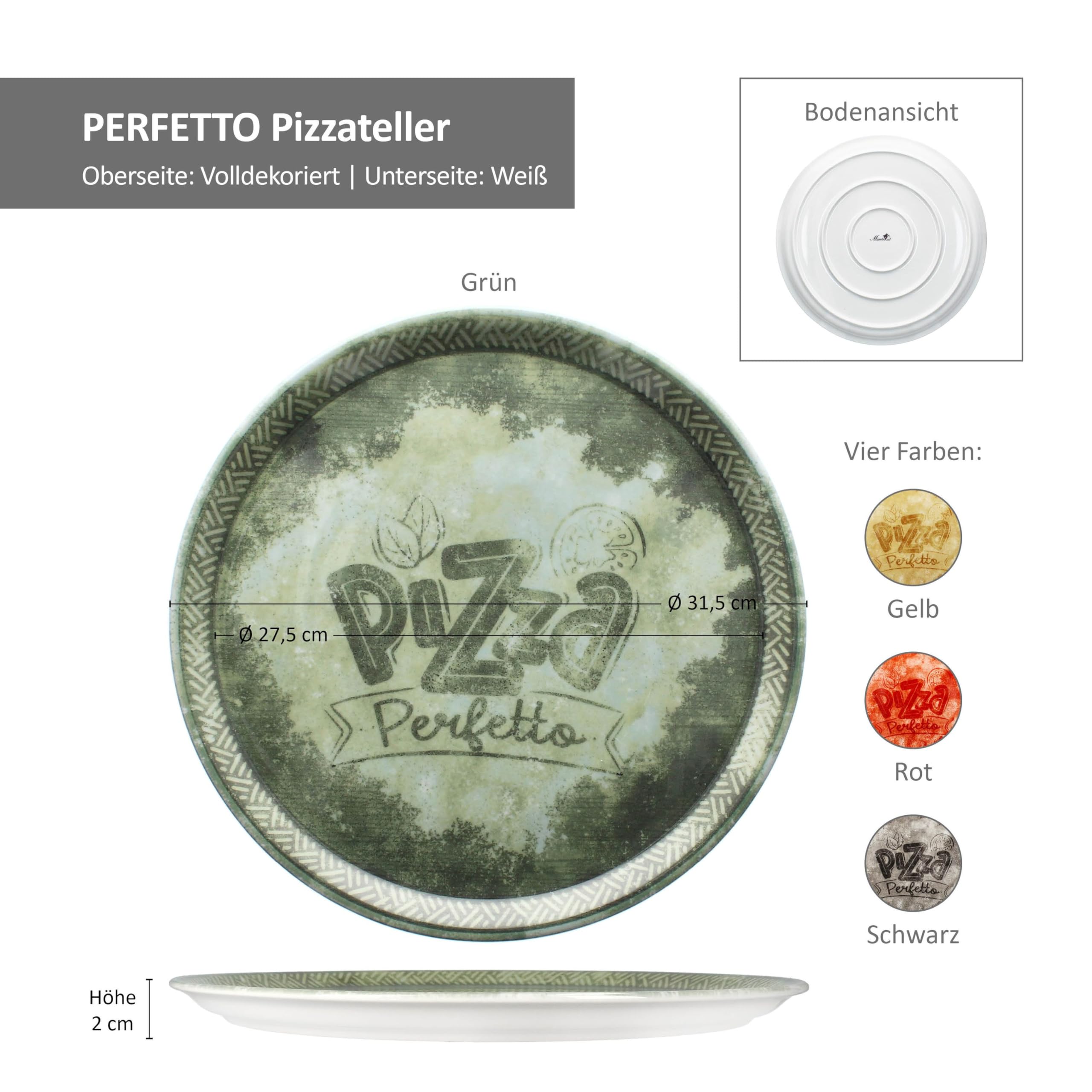 MamboCat 4tlg Set Perfetto Pizzateller Ø 31,5 cm I Porzellan-Teller je 1x in Gelb, Grün, Rot & Schwarz I ideal für Pizza, Flammkuchen & mehr I große Servierplatte mit Dekor & Schrift
