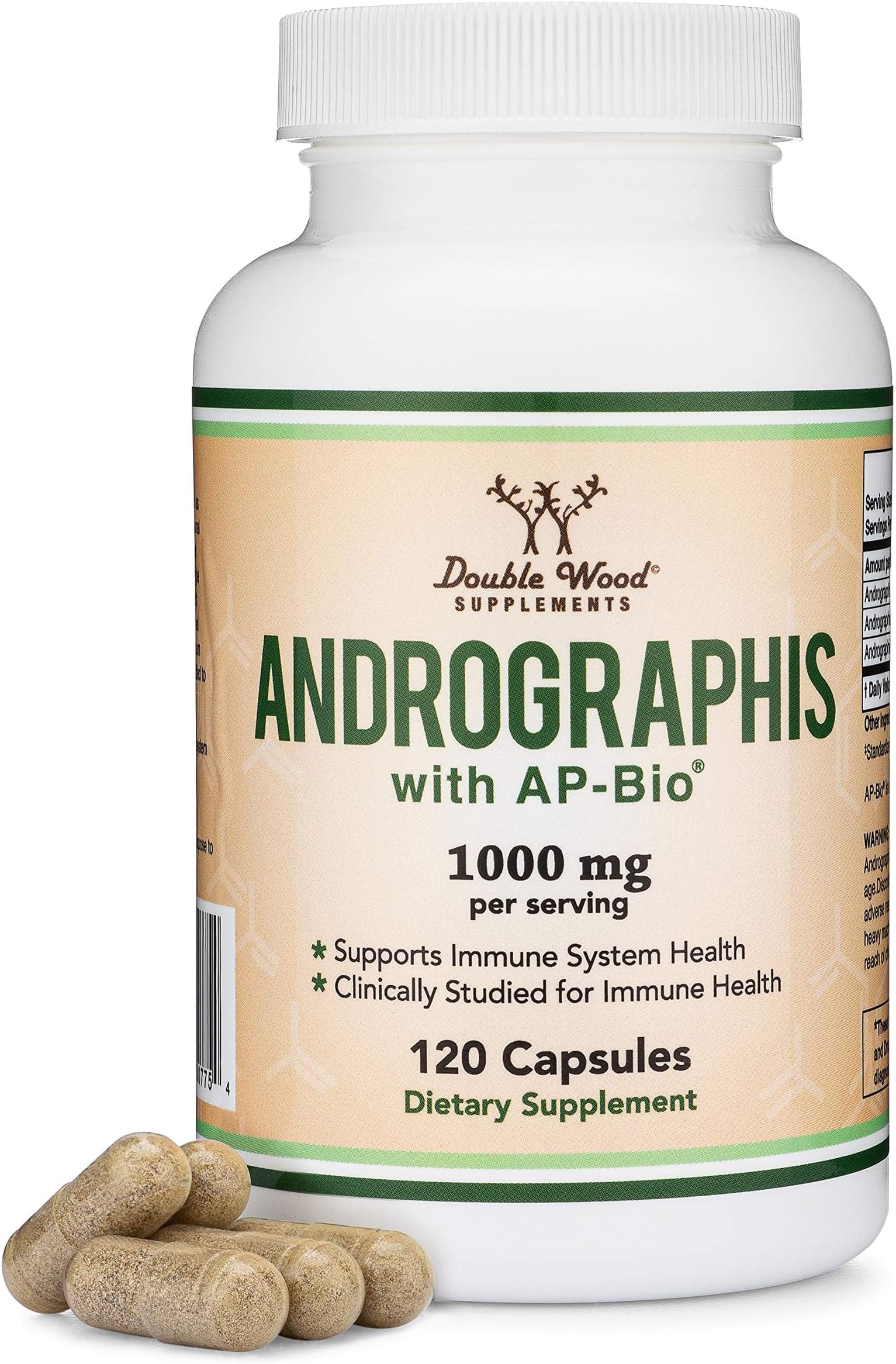 Double Wood Supplements Andrographis - 1,000mg Serving Size (120 Capsules) with AP-Bio (Patented Andrographis Paniculata Extract) - Clinically Studied to Boost Immune System