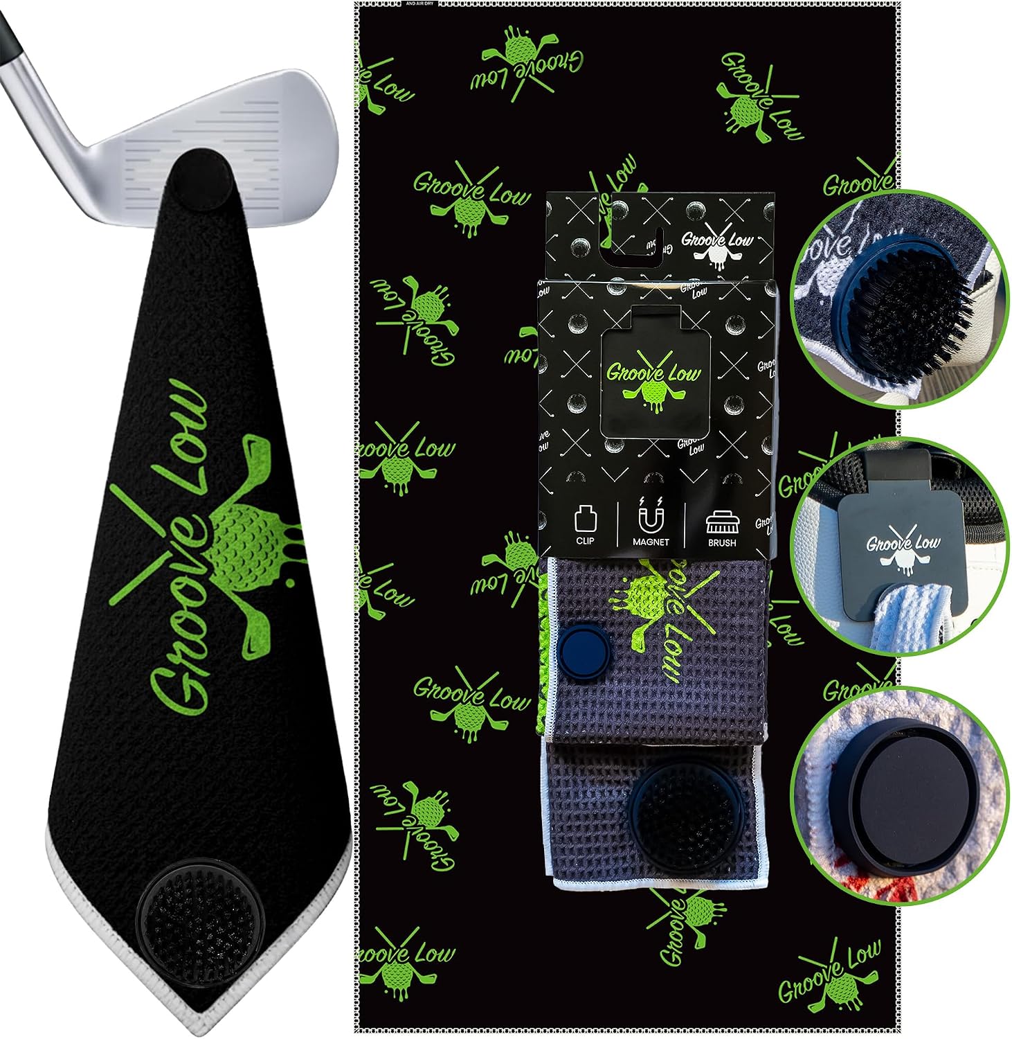 Golf Towel with Magnet, Metal Clip and Brush - 40" L x 16.9" W, Extra Large Microfiber Magnetic Towel for Golf Bags, Brush to Keep Your Gear Clean, Electric Green