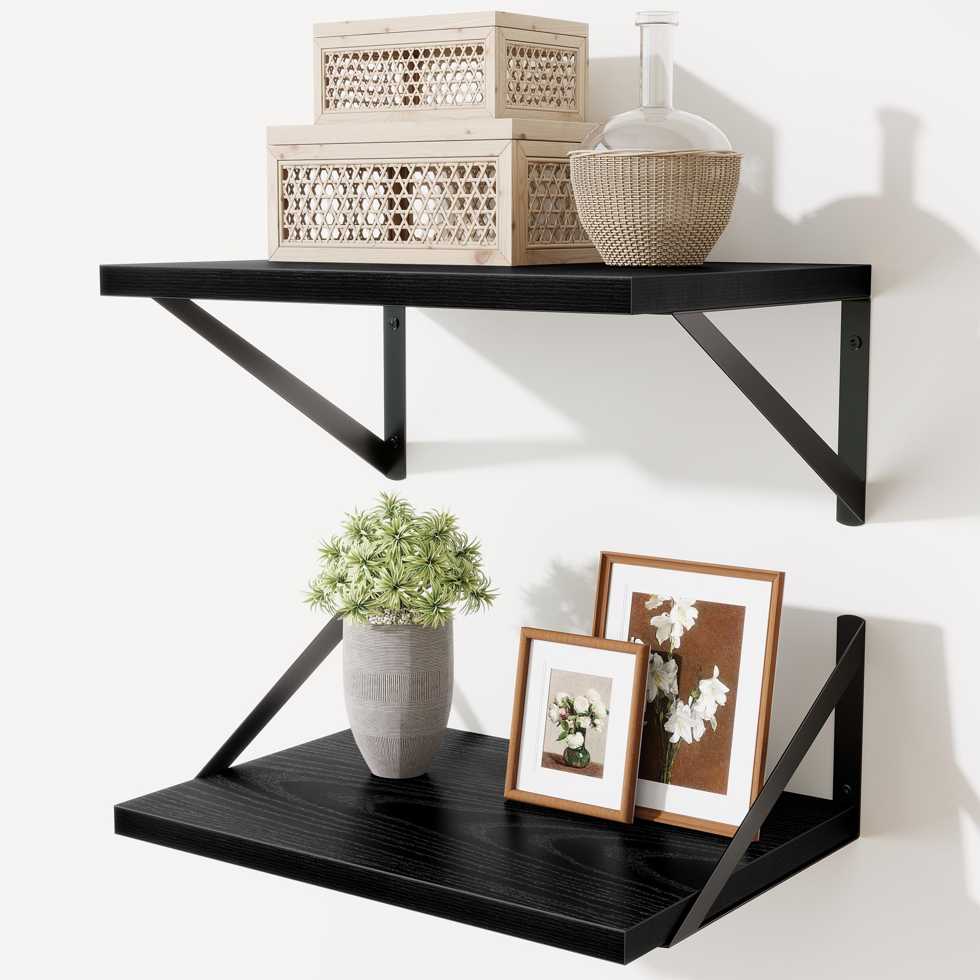 Acovy 25cm Deep Floating Shelves,40cm Floating Shelves for Wall Set of 2,Heavy Duty Wood Floating Shelf with Metal Bracket,Wall Mounted Hanging Shelf for Living Room Bedroom Bathroom Kitchen,Black