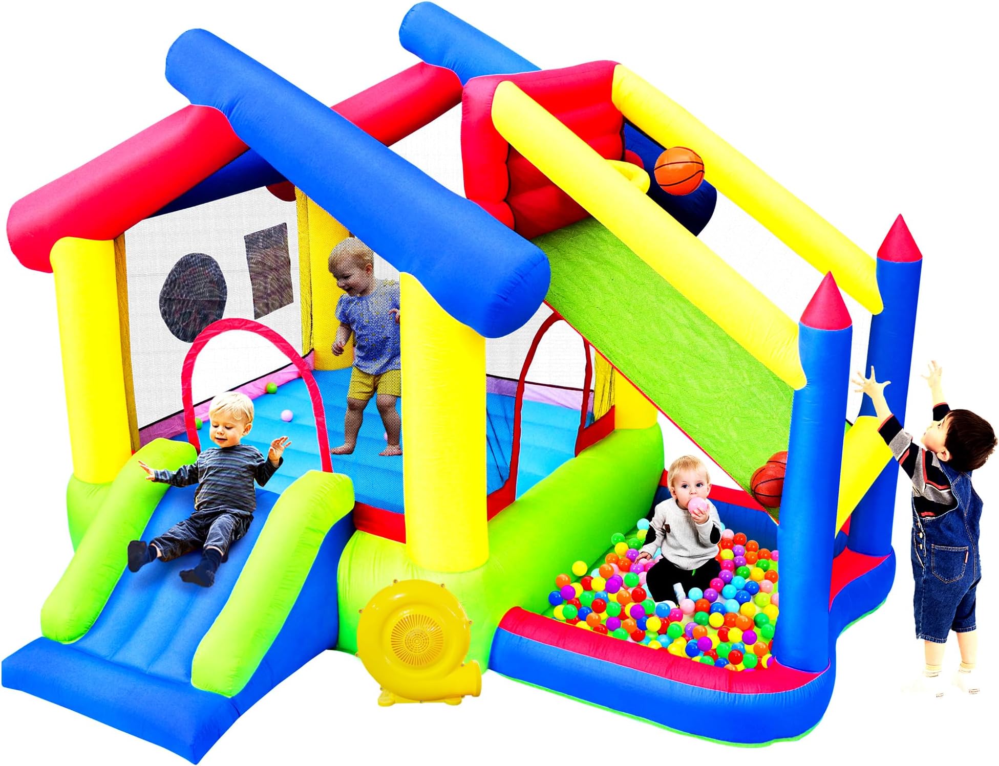 WELLFUNTIME Inflatable Bounce House with Slide, Bouncy Castle & Jumping Castle with Blower, Ball Pool, Basketball Game & Dart Target Game