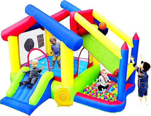 Casa inflable para saltar con tobogán, castillo hinchable con soplador y piscina de pelotas, juego de baloncesto, juego de dardos con objetivo
