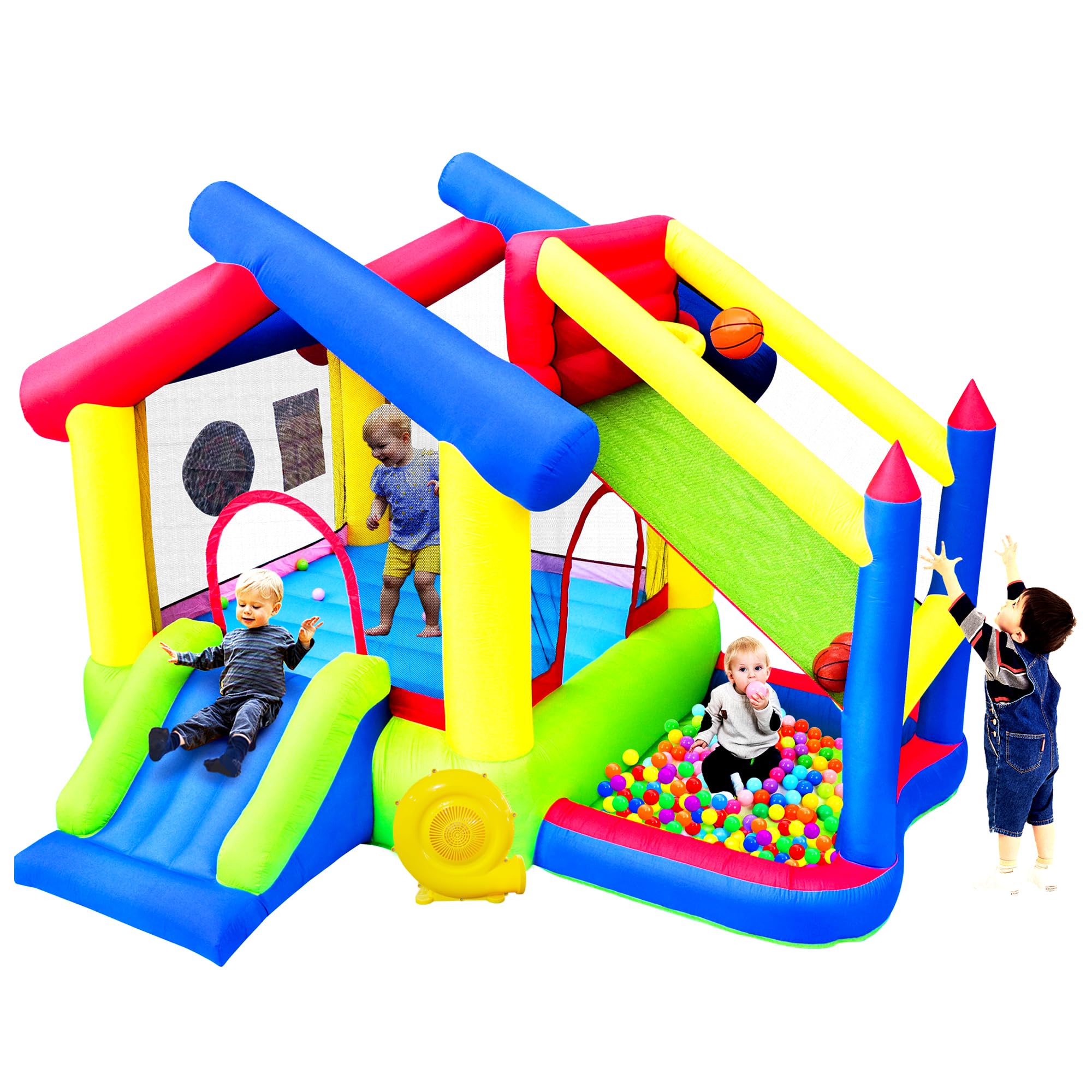 WELLFUNTIME Inflatable Bounce House with Slide, Jumping Castle with Blower and Ball Pool, Basketball Game, Dart Target Game