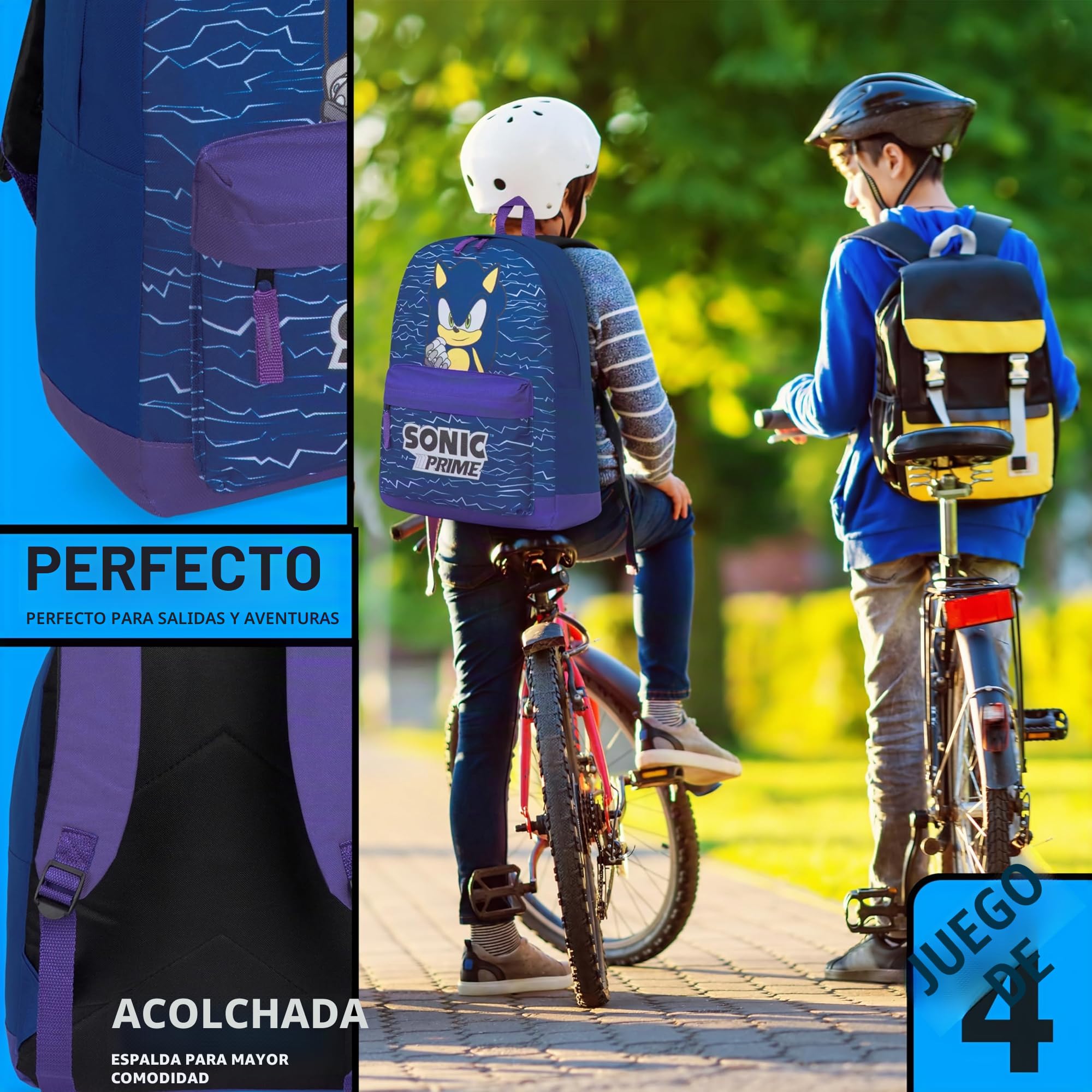 Sonic The Hedgehog Mochila Escolar Niño, Set Escolares de 4 Piezas con Mochila, Bolsa, Estuche y Botella Agua para Niños
