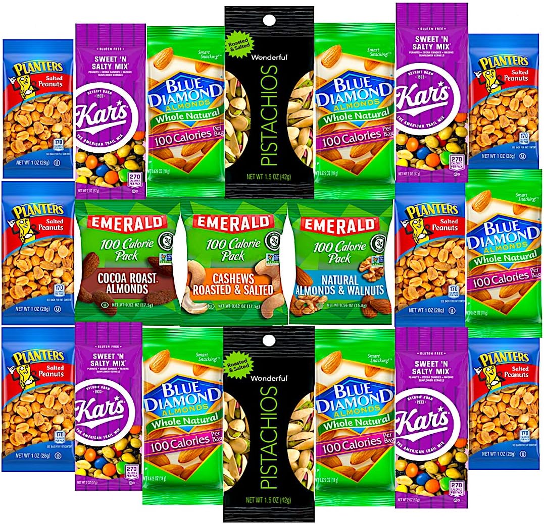 Healthy Snacks Care Package Grab And Go Variety Nuts Pack (20 Count) Include Wonderful Pistachios, Emerald Nuts, Almonds, Planters Peanuts , Blue Diamoond Almonds, Kars Nuts & More
