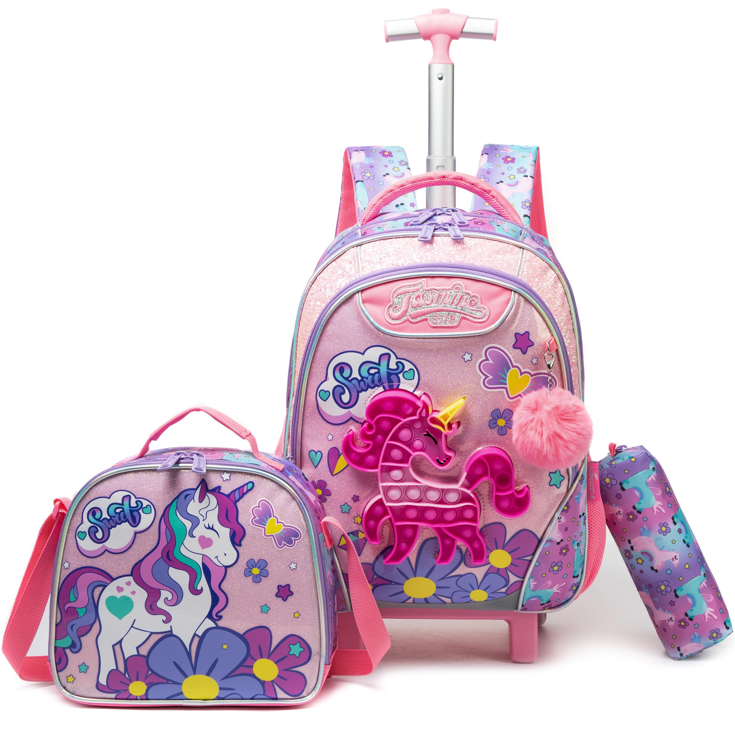 HTgroce Pop It Mochila Escolar con Ruedas Niña Fidget Toy Pop Its Mochilas con Carrito Escolares Bolso Popit Fidget Toy 3 in 1, Juguete Antiestrés y Ansiolítico Mochilas Escolares con Carro. — view 8