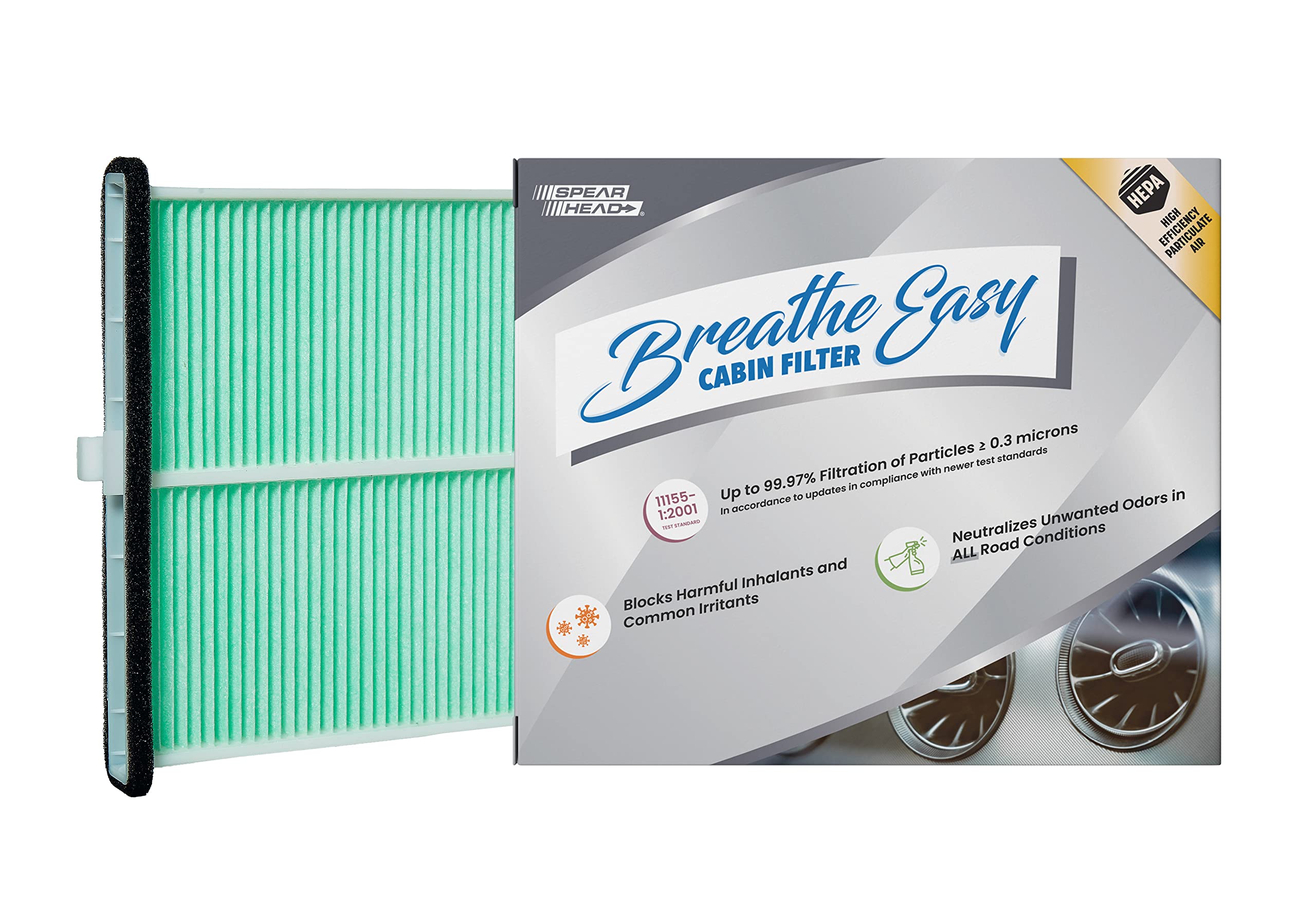 Spearhead HEPA Breathe Easy Cabin Filter, Up to 99.97% Filtration of 0.3 Micron Particles w/No Airflow Reduction (BE-811H)