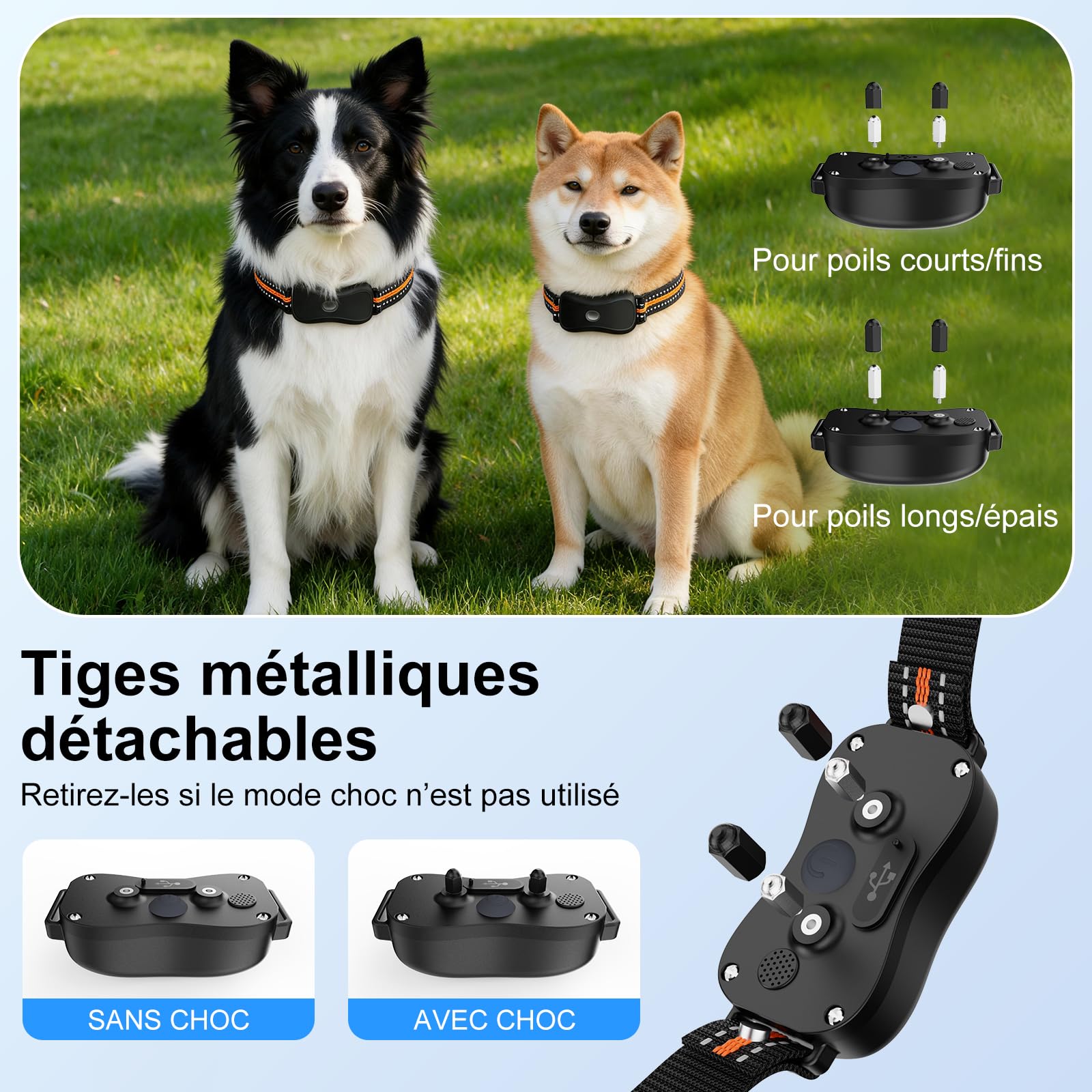Collier Dressage 3 Modes Choc 1000m IP67 LED Rechargeable | Collier Dressage Chien Télécommande 3 modes (bip/vibration/choc), 1000m, IP67 récepteur, batterie 2h/15-60j, cou 67.5cm, LED