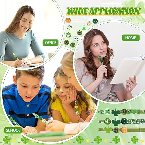 Miniatura 4 de Juego de 12 bolígrafos de plástico con cuentas surtidas, cuentas de madera, cuentas de cristal, cuentas redondas, tinta negra, juego de bolígrafos