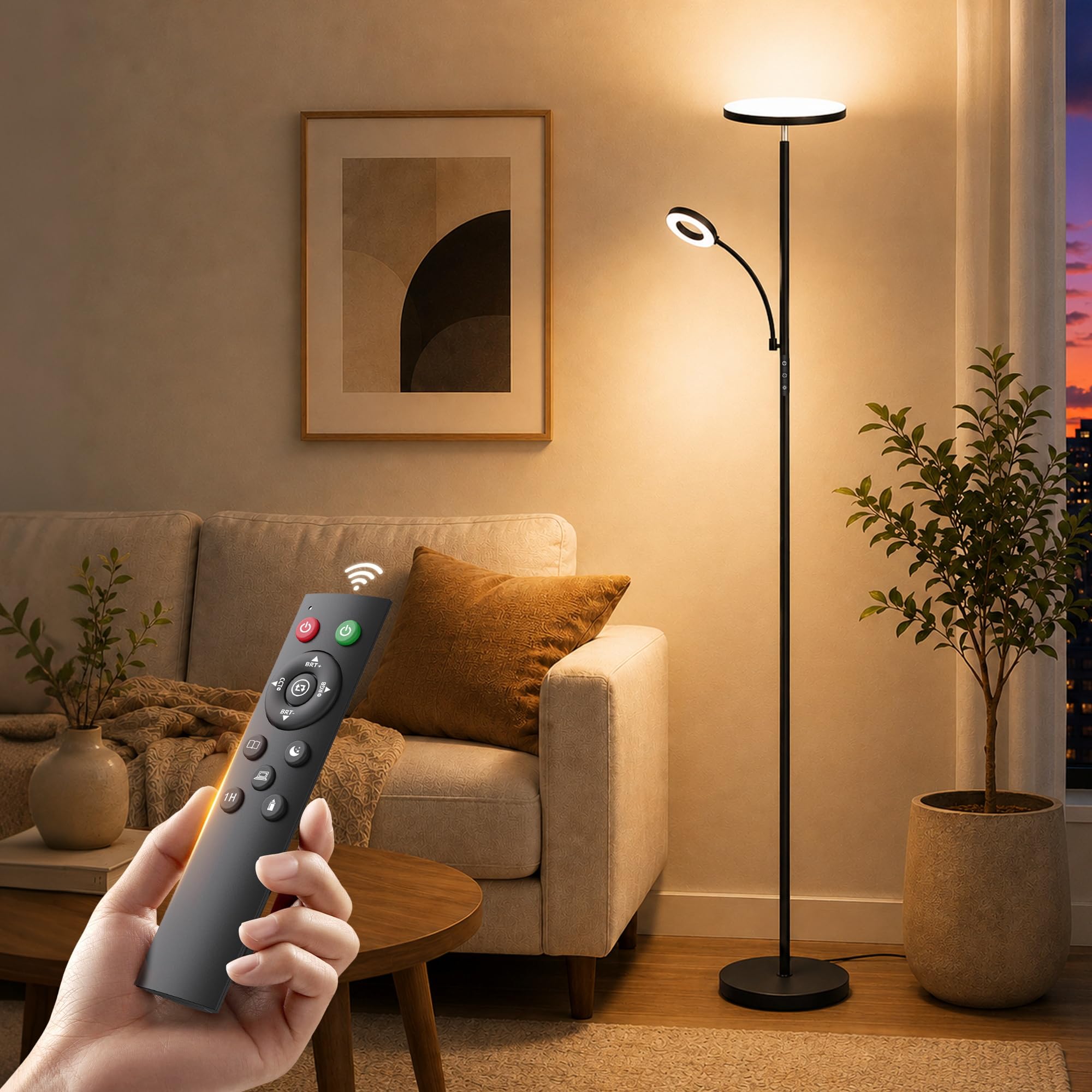 Torkase LED Stehlampe Wohnzimmer, 42W 4200LM Deckenfluter mit Leselampe, Dimmbare Mutter-Tochter Standleuchte mit Magnetischer Fernbedienung, 2700K-6500K Moderne Lampe Schwarz