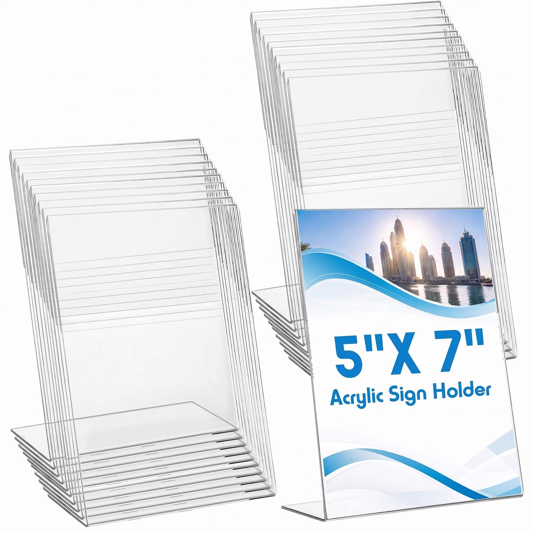 Vicenpal 40 soportes acrílicos para letreros de 5 x 7 pulgadas, soporte de plástico inclinado a granel, soporte de fotos transparente, soporte de folleto en forma de L, escritorio para oficina,