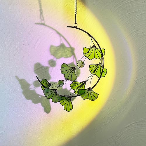 Miniatura 2 de Galag Atrapasoles de vidrio de colores - Kit para colgar ventanas de cristal, atrapasoles, planta de ventana de interior, hoja de ginkgo para