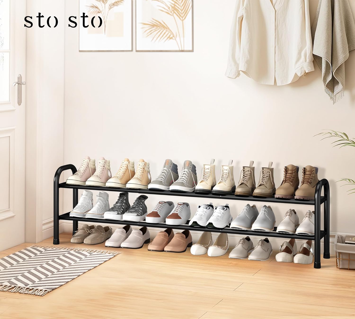 STO STO Long Expandable Shoe Rack 2-Tier, Adjustable Length 33.7”–47.5” Shoe Organizer, Metal Shoes Storage Shelf, Holds Up to 18 Pairs, Non-Slip Feet, for Closet, Entryway, Hallway, Front Door, Black