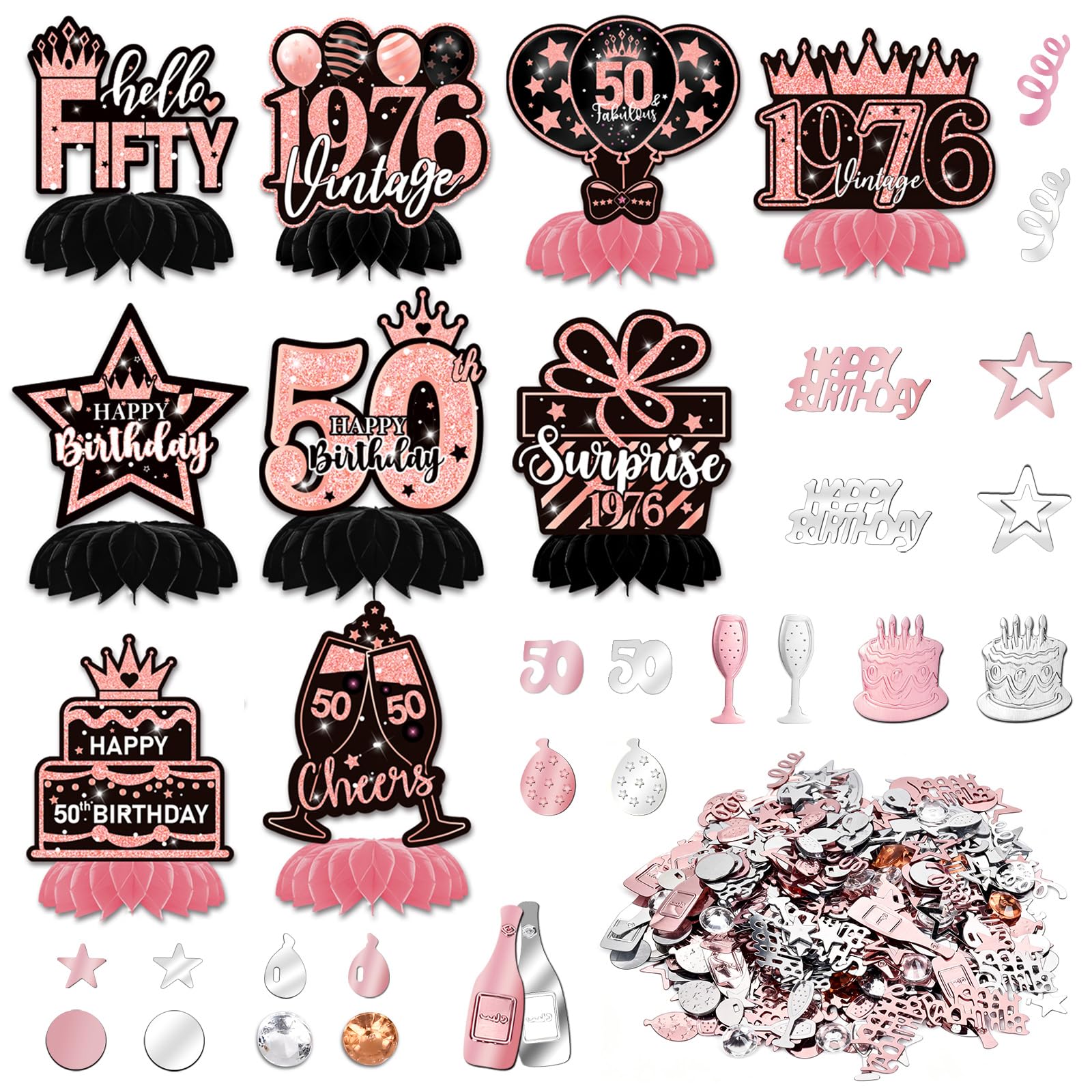 50th Birthday Table Decorations Set of 10 with Confetti - Rose Gold 50th Table Centerpieces, 50th Birthday Party Supplies for Men Women, 50 Years Old Table Decor Set