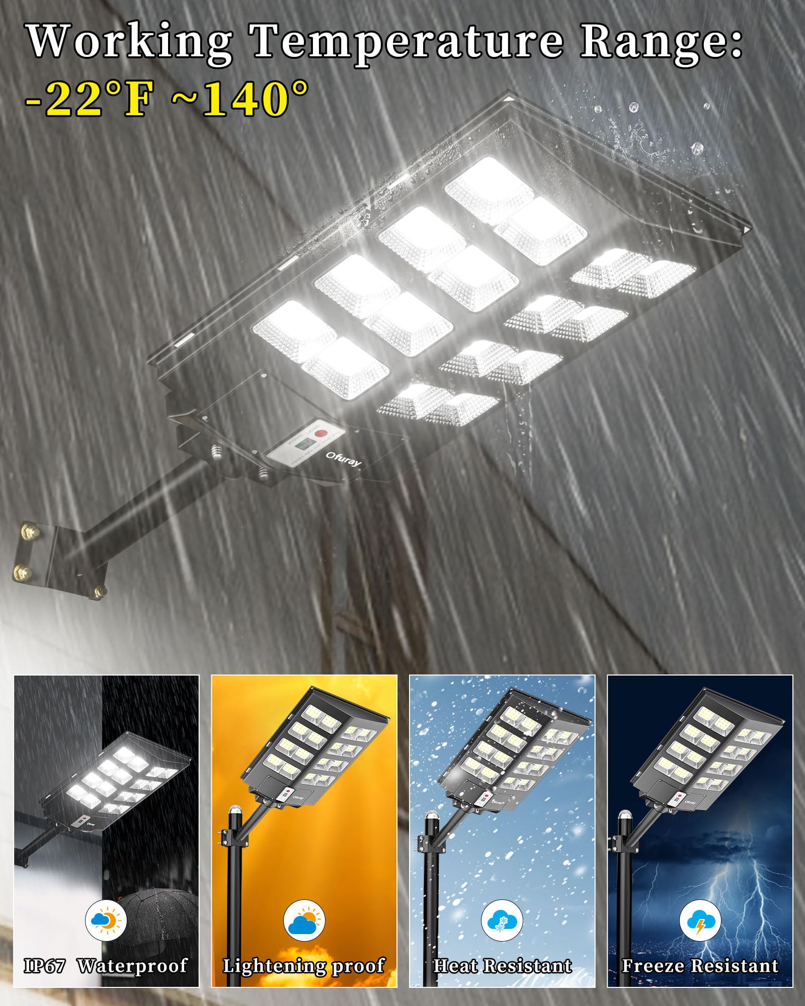 Ofuray Of-2600W Lampione Solare LED Esterno, 6500K Lampada Solari con Sensore di Movimento, Impermeabile IP67 Lampione Stradale, Faretto LED da Esterno Solare con Telecomando Adatto per Cortile,Garage