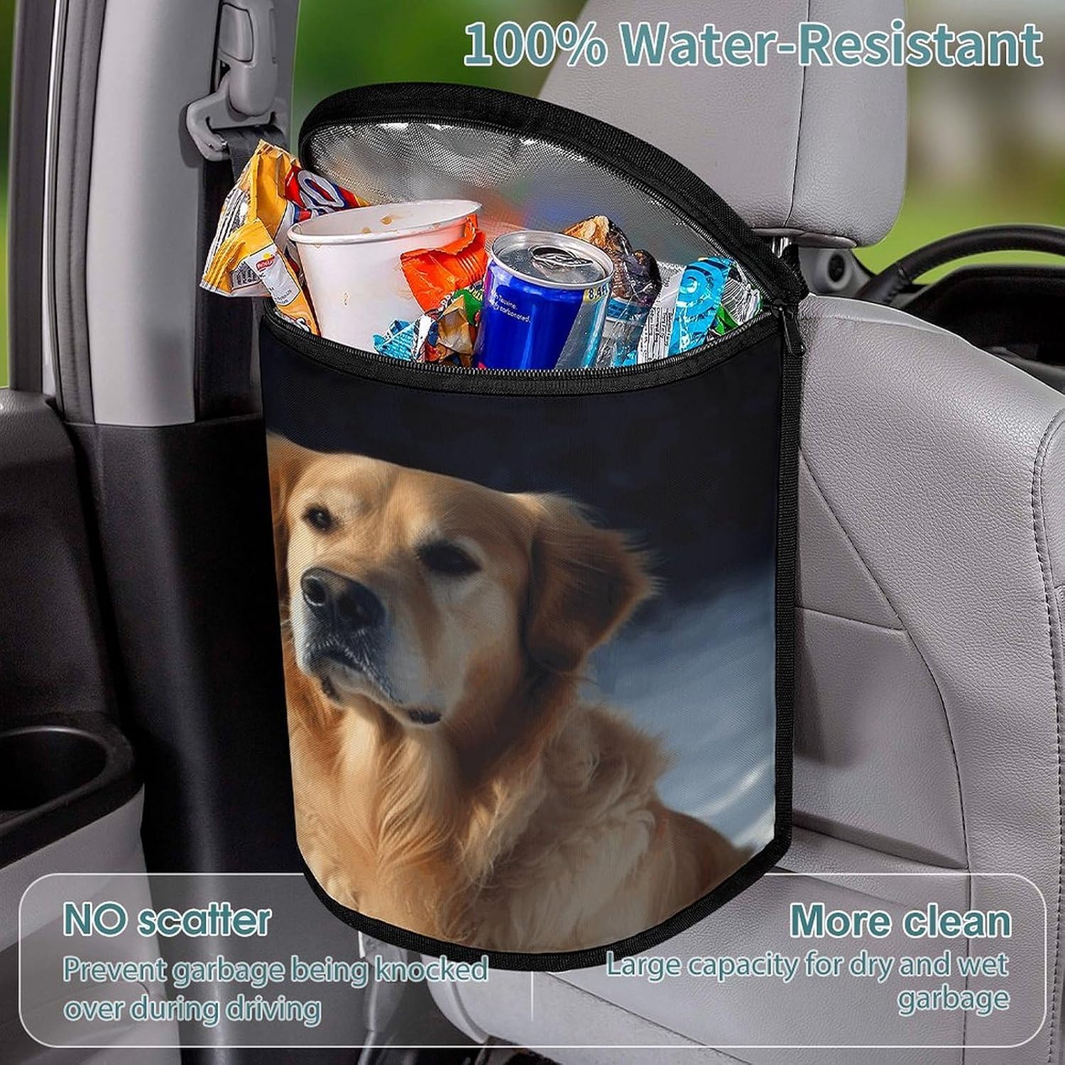 Golden Retriever Car Trash Can with Lid & Zipper Hanging Garbage Bin Waterproof Leakproof Car Garbage Can Portable Automotive Waste Basket Bin Reusable Car Garbage Bag for All Vehicle