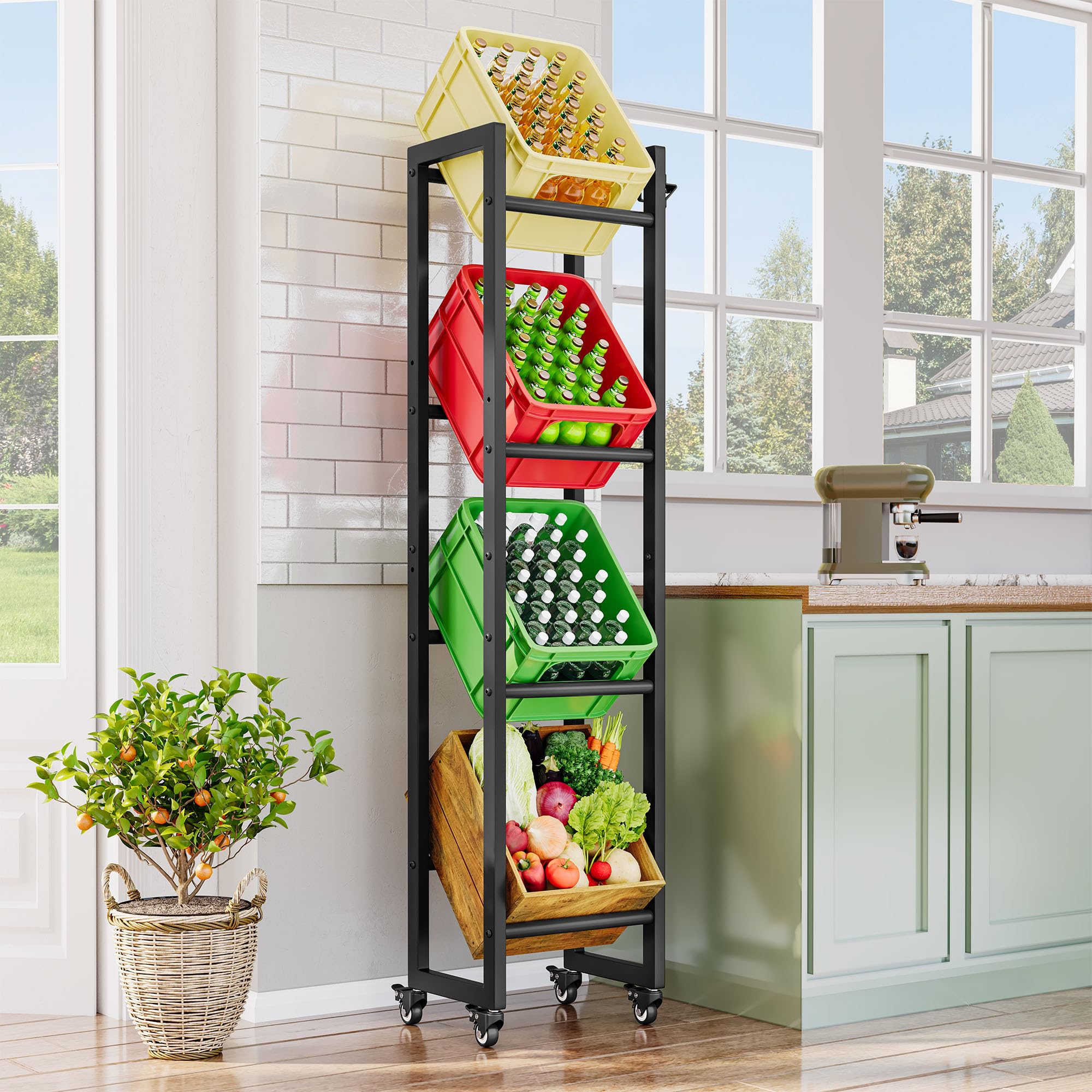 YITAHOME getränkekistenregal schmal mit rollen 4 kisten, verstellbaren füße, Öffner, Metall Kistenregal mit 4 Ebenen für Bier, Obst, Gemüse, Wasser, getränkeregal kisten regal