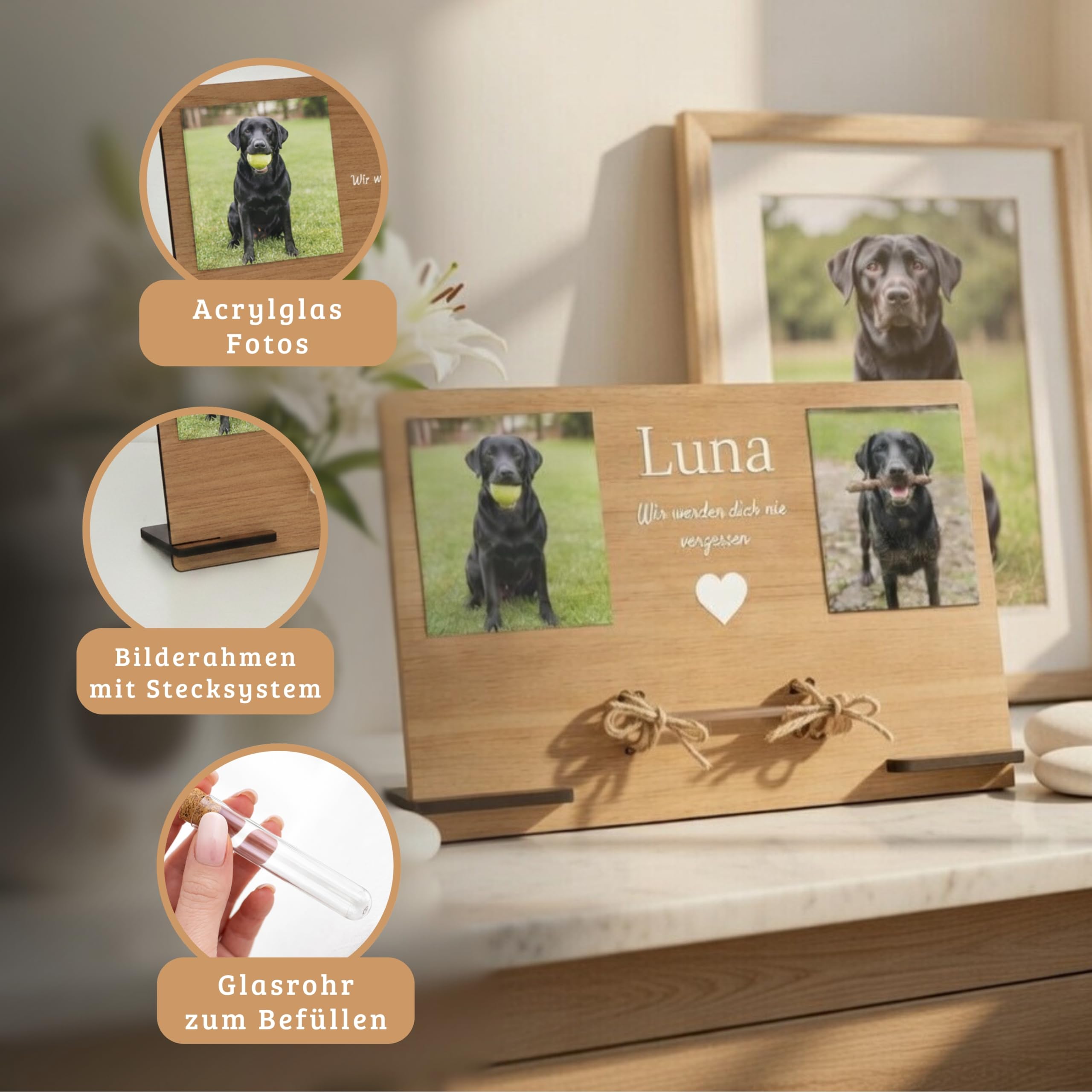 CHRISCK design Andenken an verstorbene Katze - personalisierter Katzen Gedenkrahmen mit Fotos & Glasröhrchen für Katzenhaar oder Asche - Erinnerungsrahmen aus Holz - Gedenkstätte & Trauergeschenk