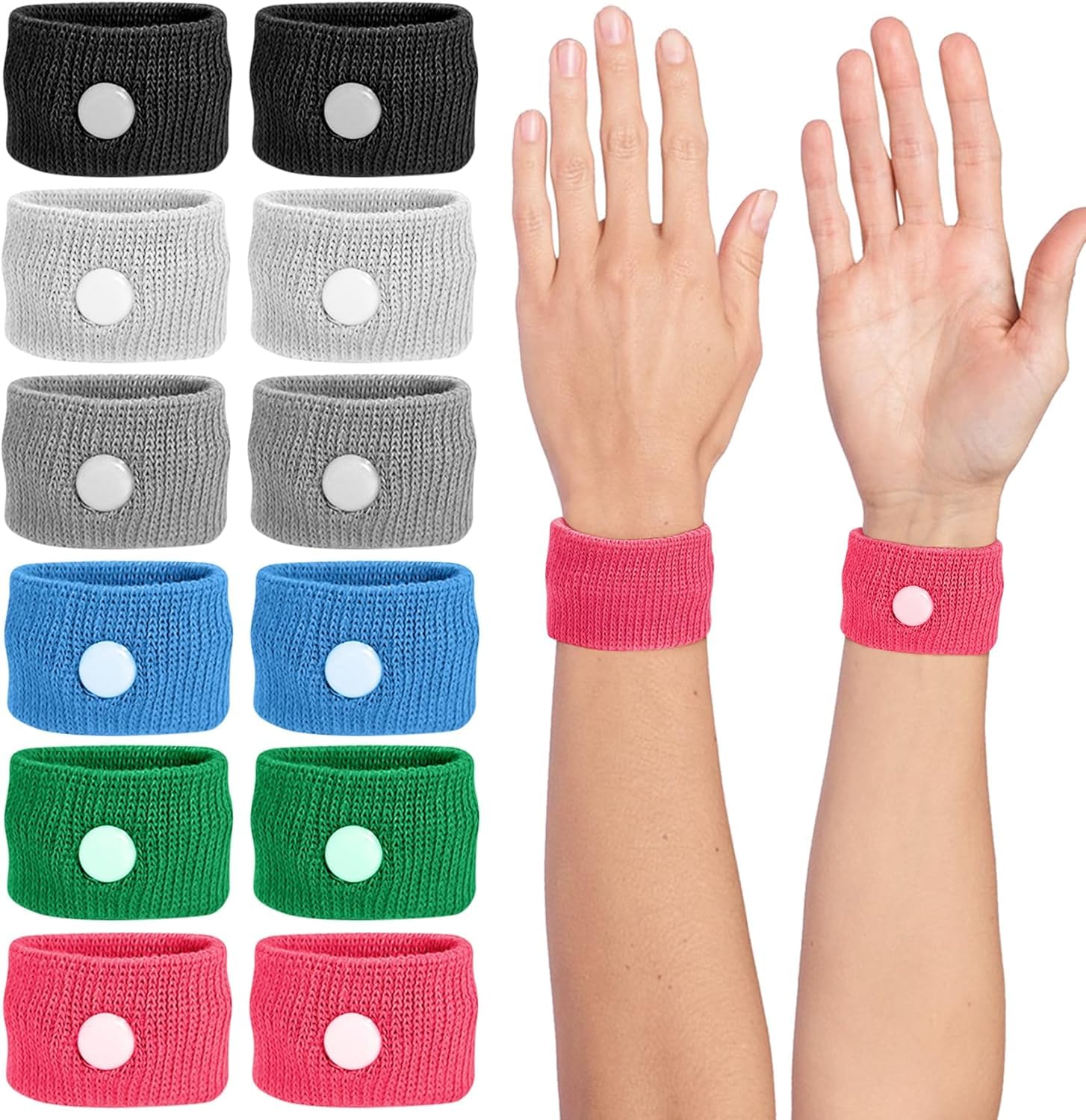 Motion Sickness Wristband, Anti-Nausea Acupressure Wrist Band for Nausea Relief, Dizziness and Vomiting from Car Sea Boat Flying Travel Sickness (Black/Grey/Light Blue/White/Green/Red, Small, 6 Pairs)