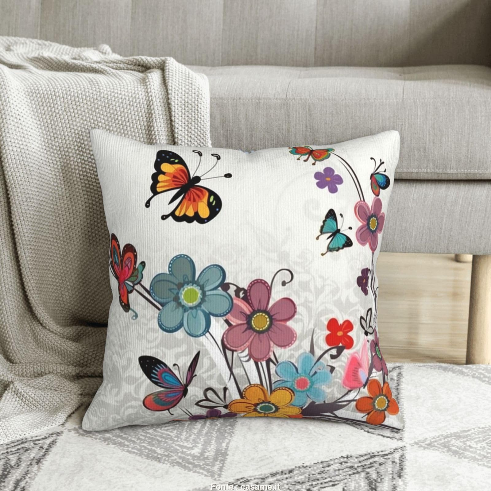Taie de coussin velours côtelé 40x40 cm imprimé fleur papillon pour lit et canapé