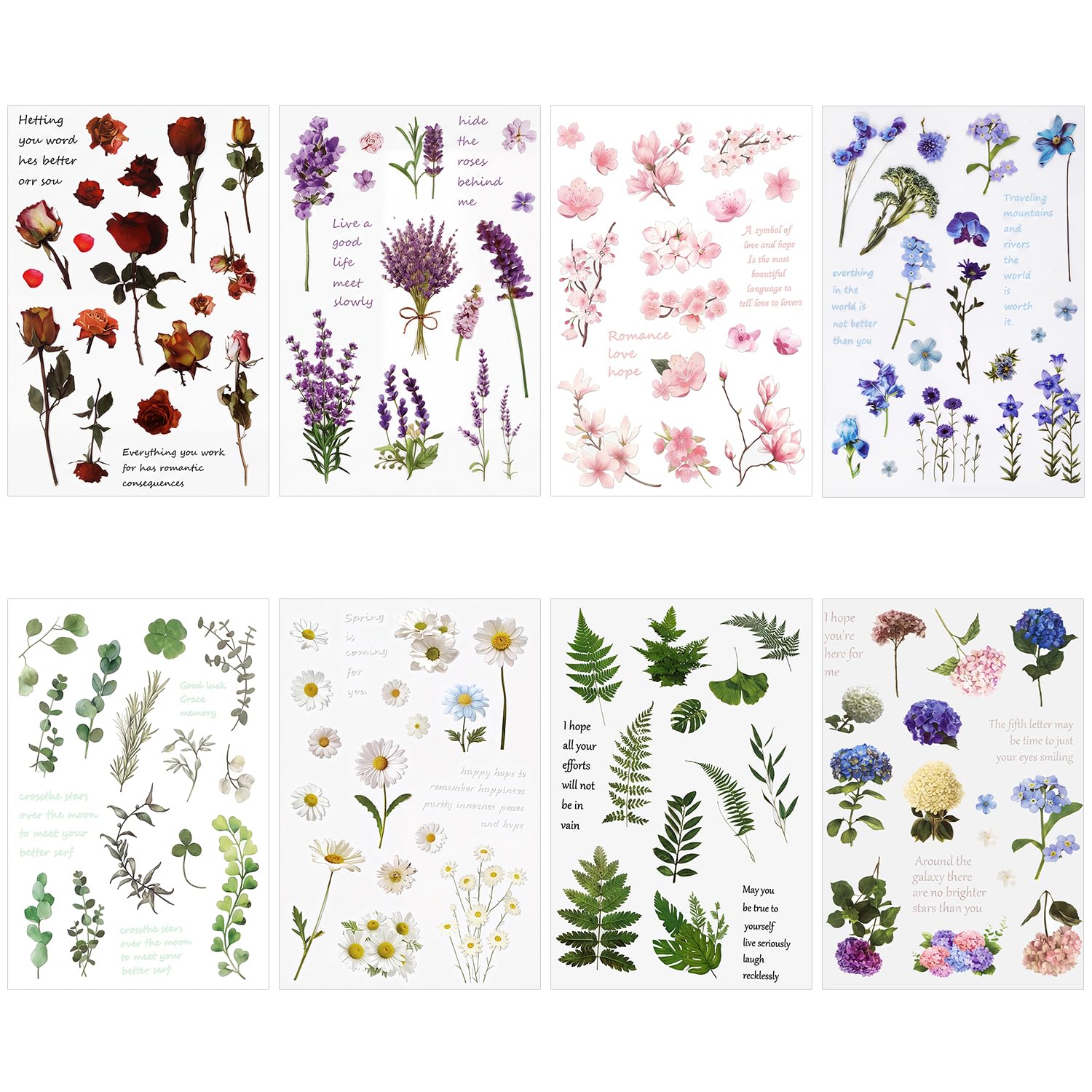 Flower Stickers, Natural Scrapbook Stickers 8 Sheets Floral Stickers Self-Adhesive Transparent Flower Stickers for Scrapbook Supplies, Card, Laptop, DIY Crafts, Bottle (Style 1) — image 1