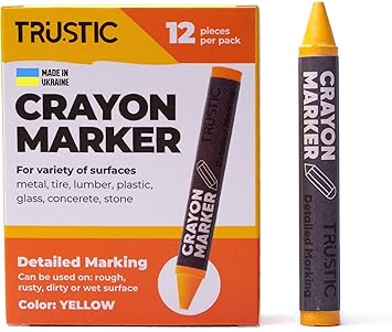 Trustic Crayon Wax Marker for Ambient Surface Detailed Marking on Wood Metal Carton Ceramics Concrete Glass Plastic Tire, Pack of 12 - Yellow