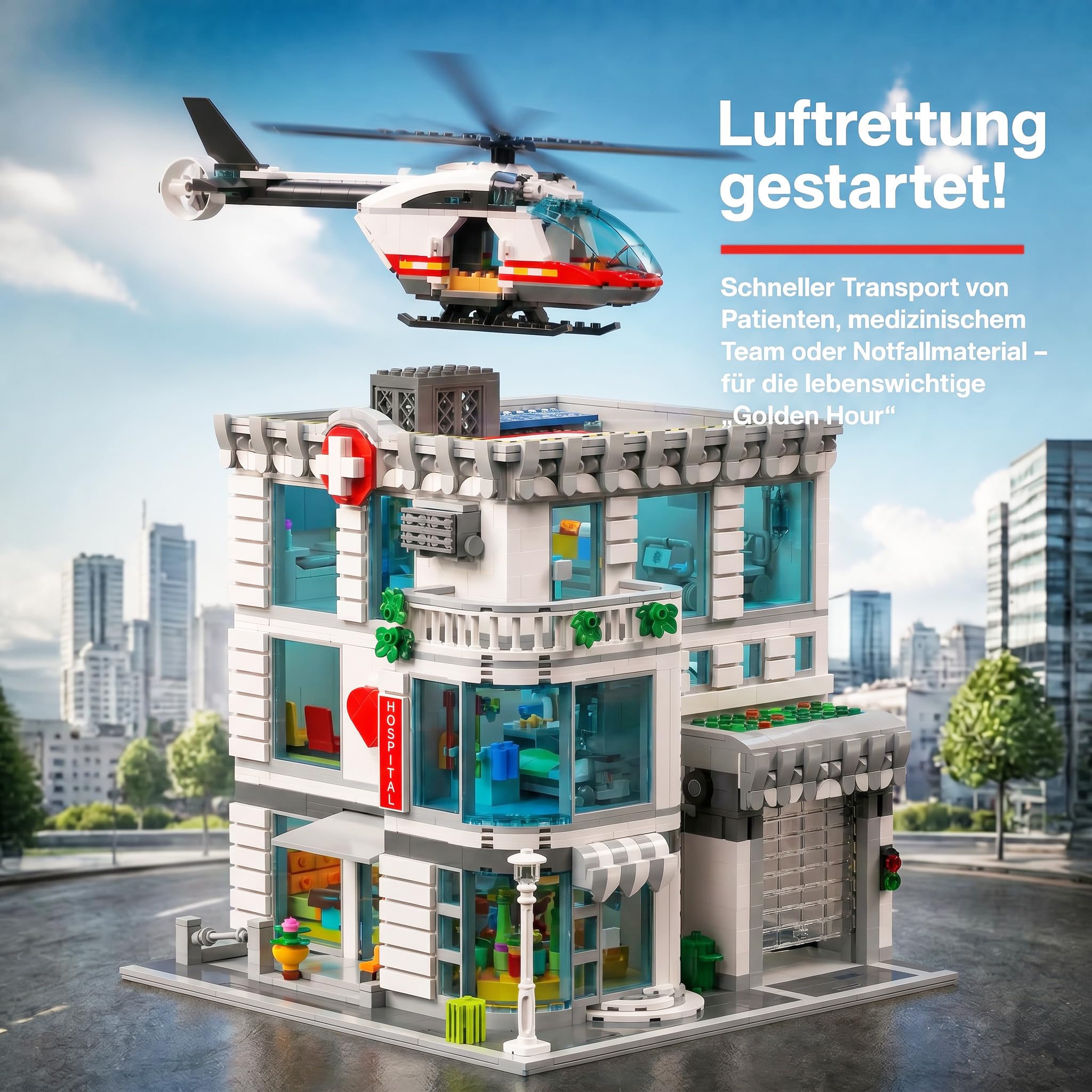 Klemmbausteine Krankenhaus mit Helicopter & Krankenwagen - 4953 Teile Hospital City Haus Architecture, Stadt Gebäude Modular Buildings Set für Erwachsene - Sammlerstück Geschenk