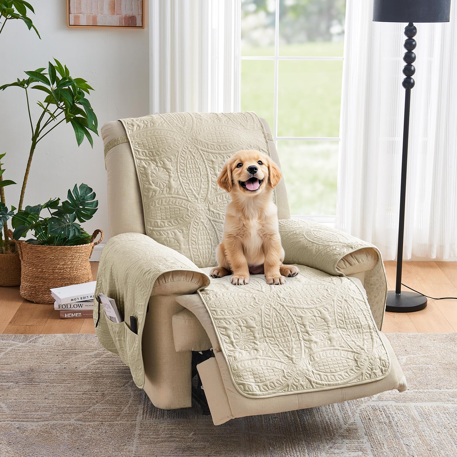 Large Camel Recliner Chair Covers, Quilted Décor Water-Repellent Lazy Boy Chair Covers, Pet Friendly Large Recliner Cover for Dogs Cats, Washable Couch Cover (Recliner 30", Camel)