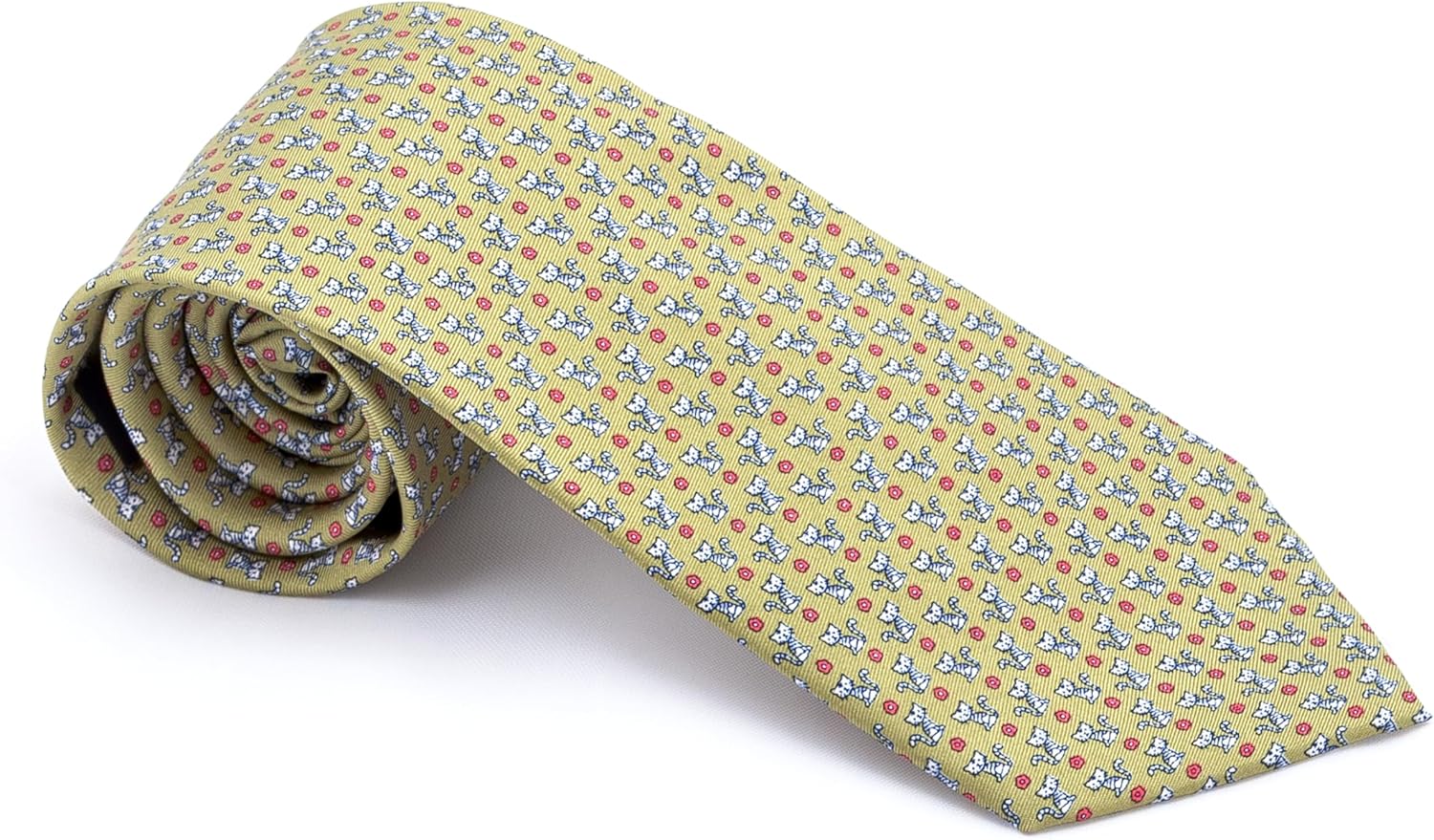 Men's 100% Silk Neckties Cat Printed Tie (Olive Green)