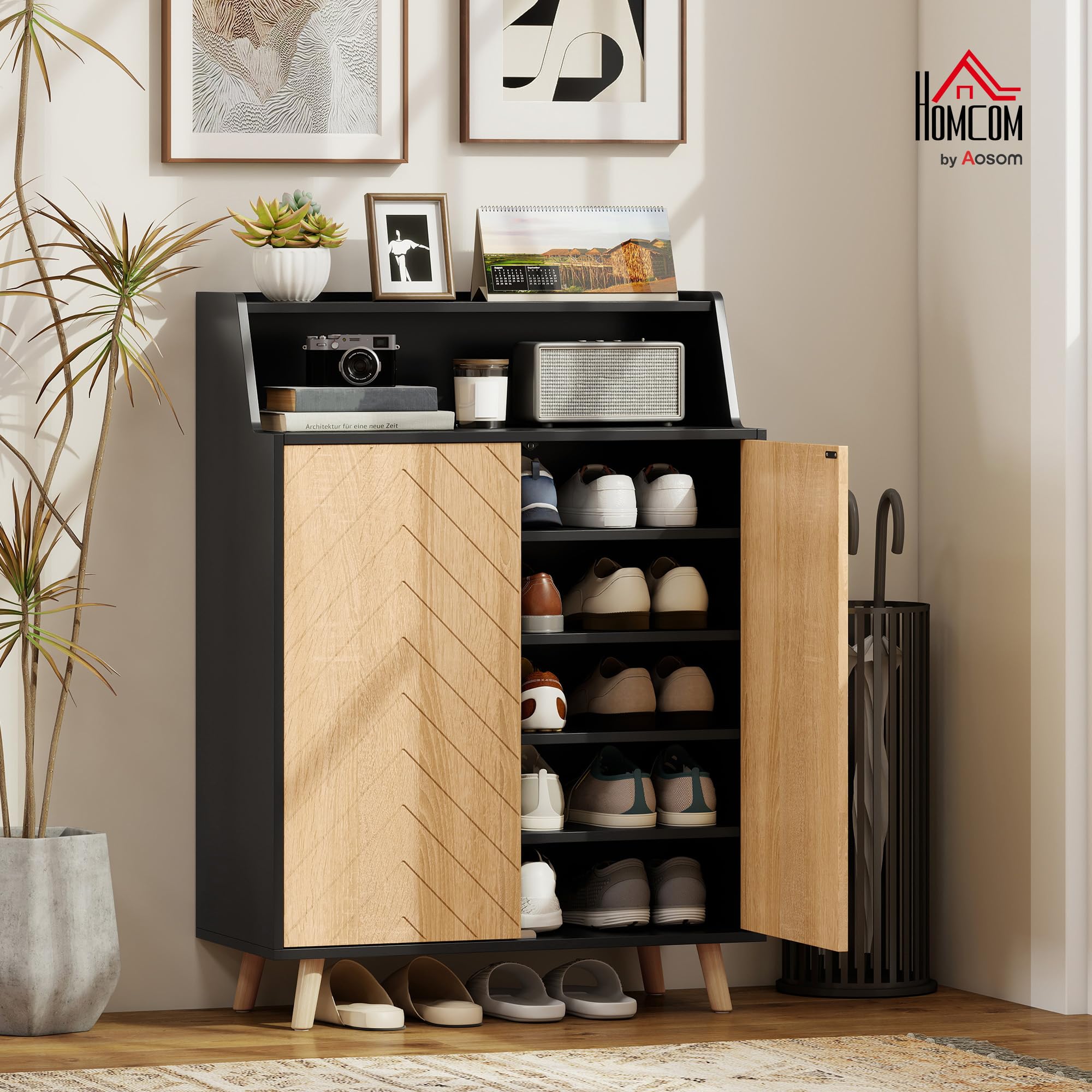 HOMCOM Zapatero de 2 Puertas en Espiga, Zapatero Entrada Recibidor con Estantes Ajustables, Compartimento Abierto y Patas de Madera, para 15 Pares de Zapatos, 75x35x104 cm, Negro y Natural