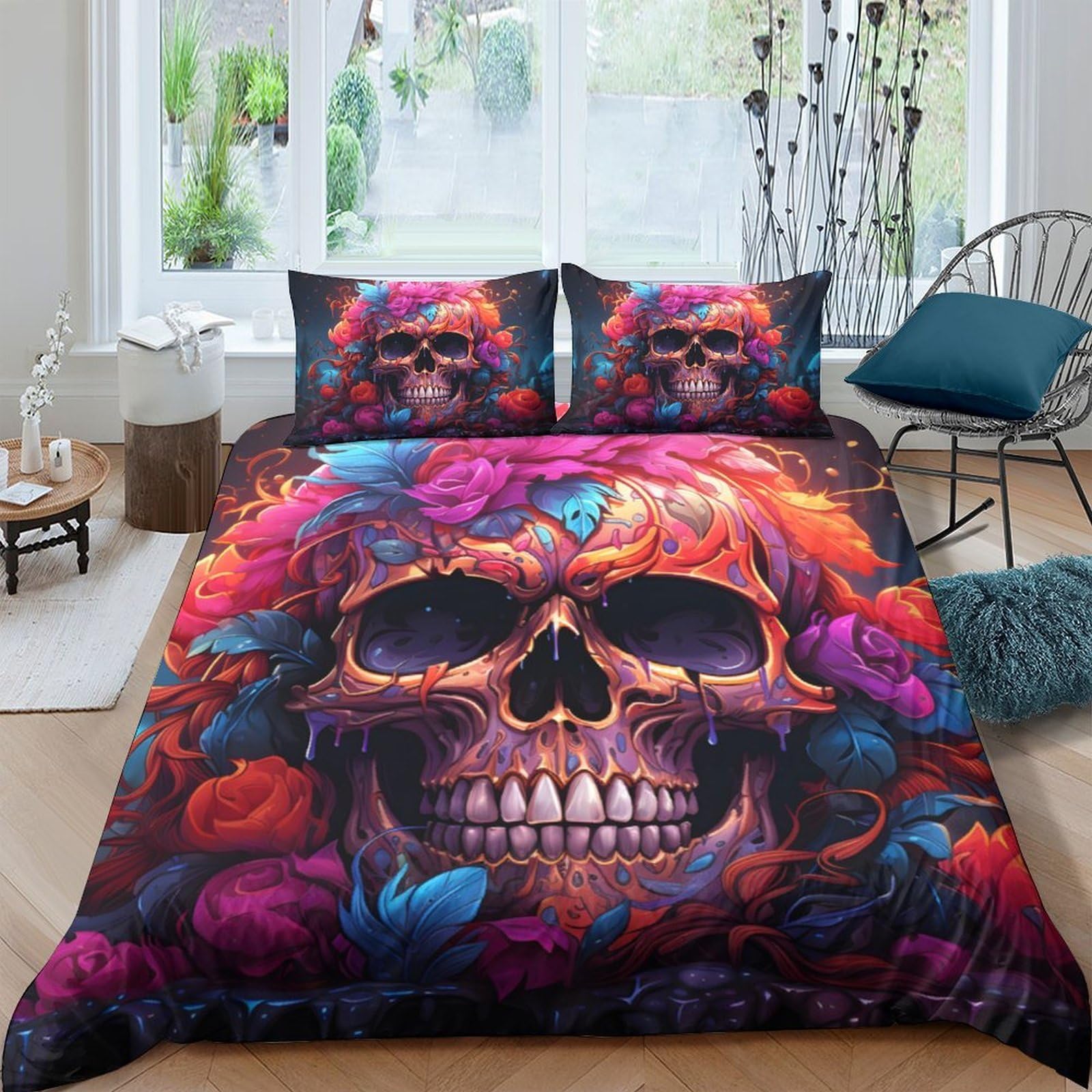 GPLZQXKJNH 3D Printed Colorful Skull Duvet Cover Microfiber Soft Breathable Floral Bones Bedding Set with 2 Pillowcases for Bedroom Decor Single（135x200cm）
