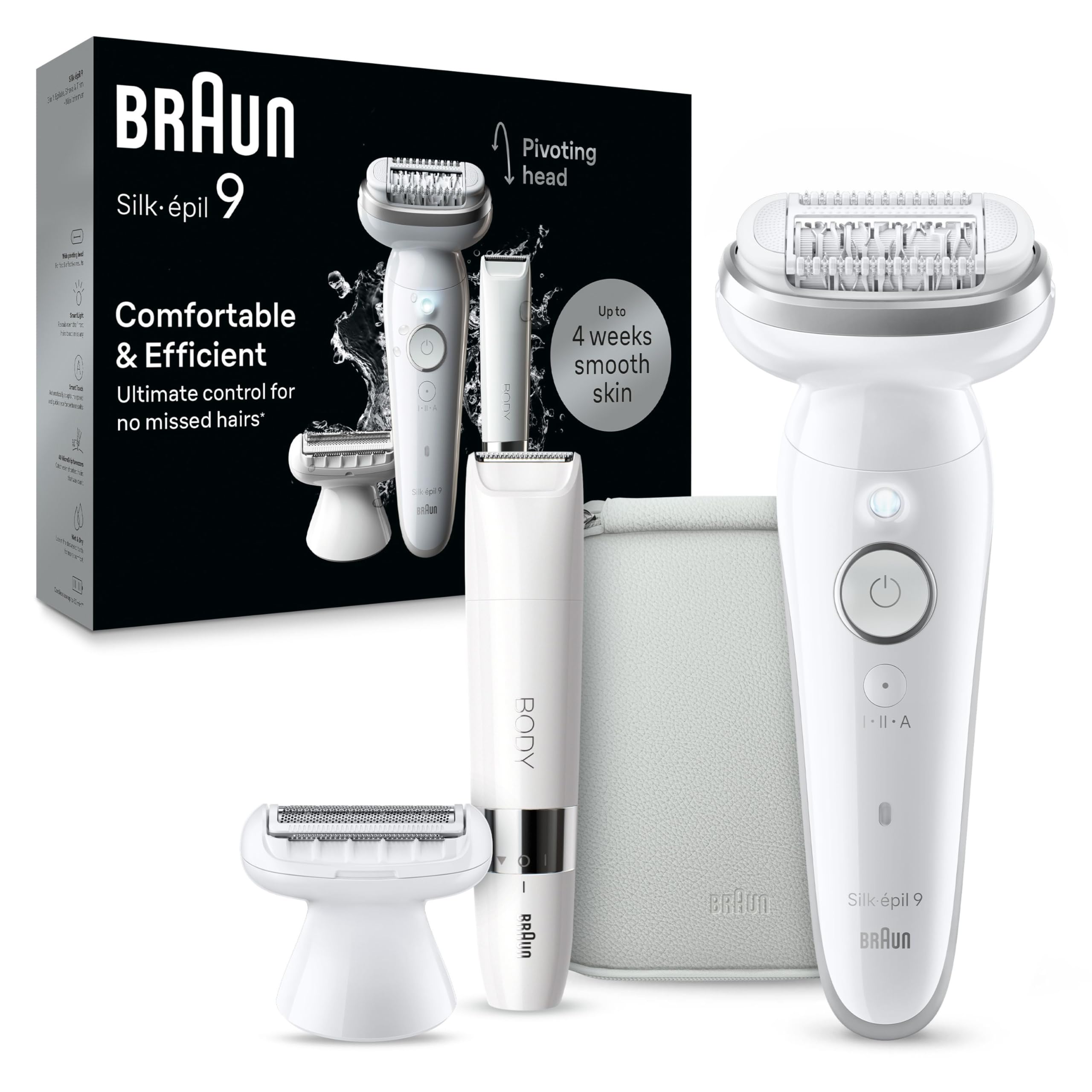 Braun Silk-épil 9 Epilator, Pivoting Head, Wet and Dry, Includes Body Trimmer, Shaver Head and Trimmer Comb, SES9-441