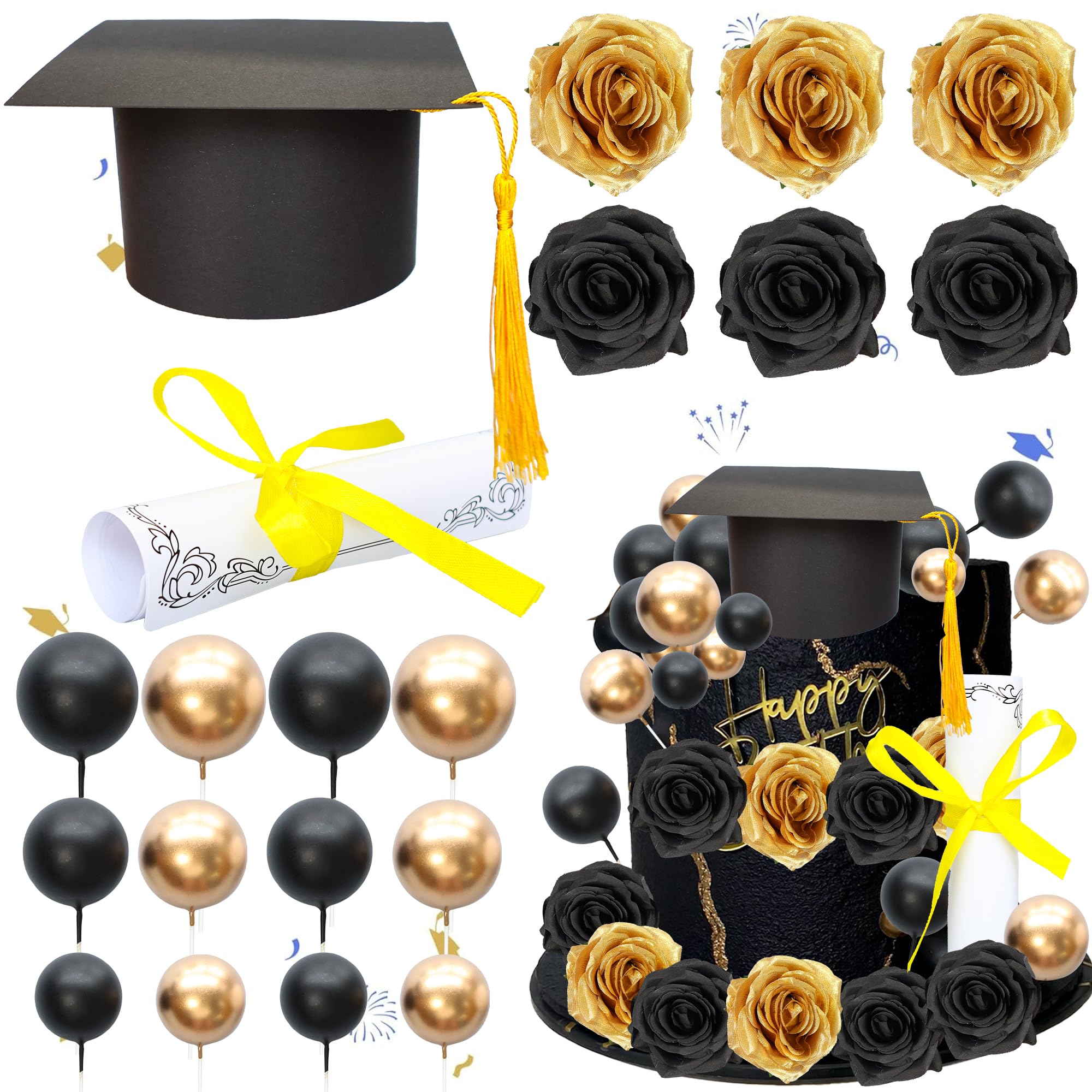 Gyufise 40Pcs 2026 Graduation Cake Topper Decoration Diploma Done Diploma Grad Cap Cake Pick Balloon Flower Prom 2026 Cake Decorations for Class of 2026 Congrats Grad Party Supplies Black Gold - Image 2