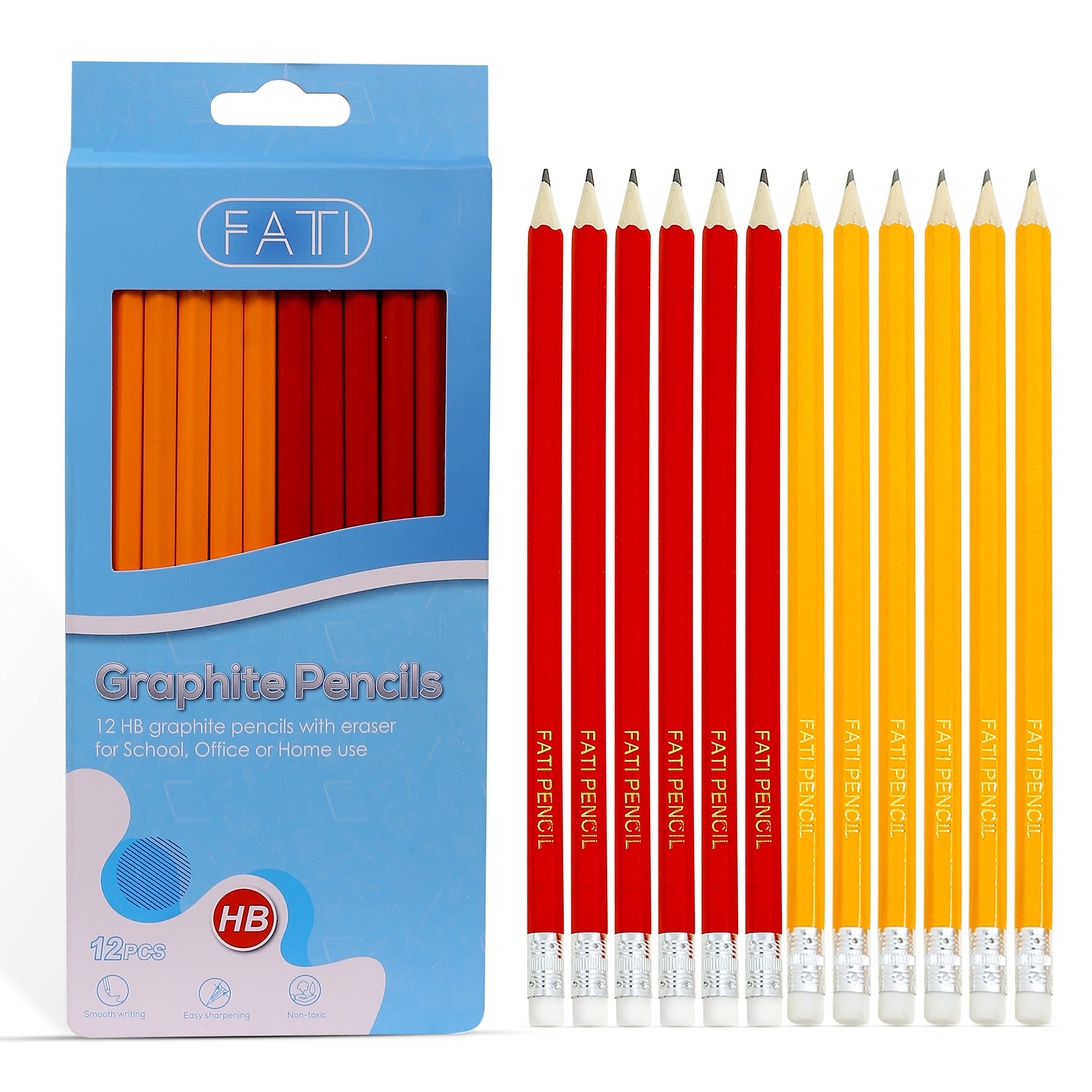 FATI HB Pencils with Rubbers - Graphite Pencils with Erasers for Writing, Drawing and Sketching – RED and YELLOW Pencils for Children - Perfect for Home School Office Classroom Supplies Pack of 12