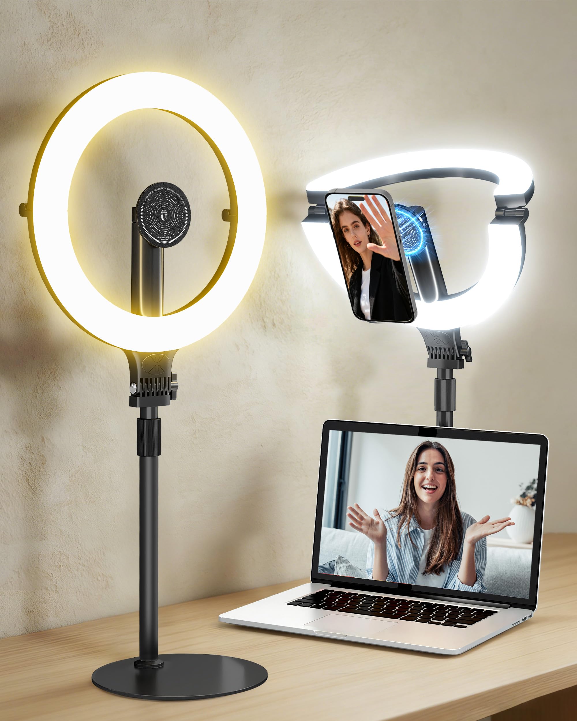 NiceVeedi Luce ad anello da 25,4 cm per registrazione video, 5000 mAh, pieghevole, per selfie, con supporto e supporto magnetico per telefono, luce halo per videoconferenze, per live streaming