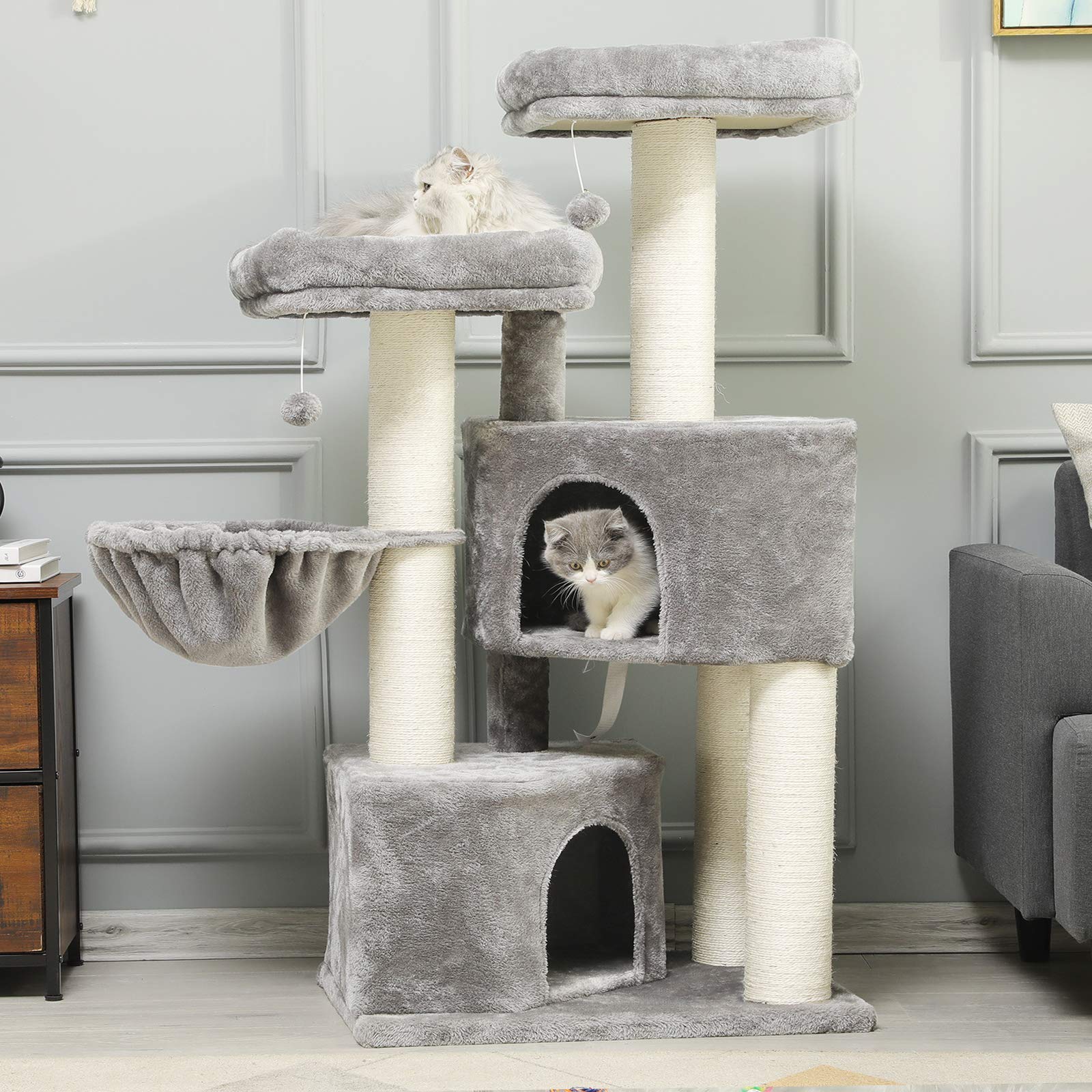 MSmask Rascador grande XXL, árbol para gatos estable con columnas de sisal, 2 plataformas de observación
