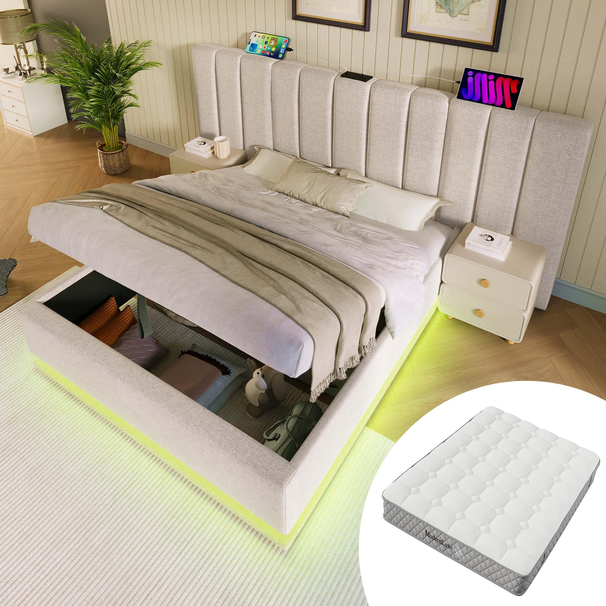 Cama Tapizada de Lino con Almacenaje, LED y Colchón, Beige, Juego de 2