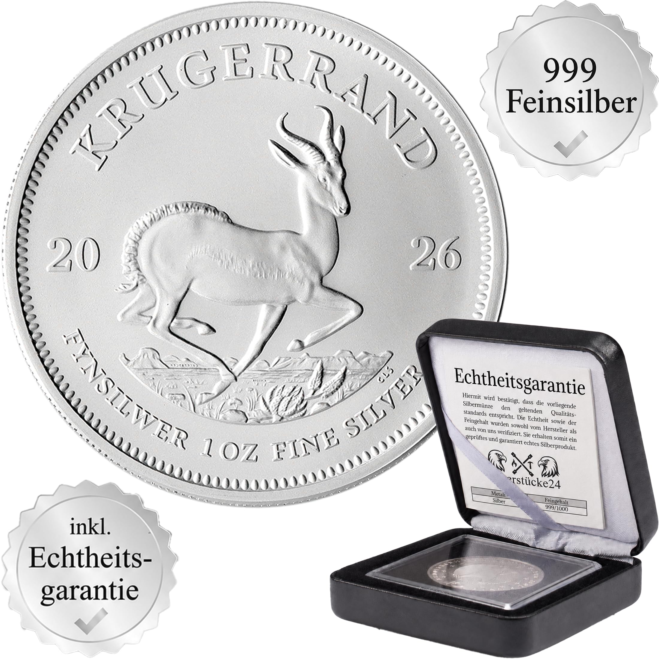Silbermünze 1 oz Krügerrand | Aktueller Jahrgang | Feinsilber 999 | In Münzkapsel & schwarzem Etui | Inkl. Grußkarte und Echtheitsgarantie | Geschenk & Sammlermünze